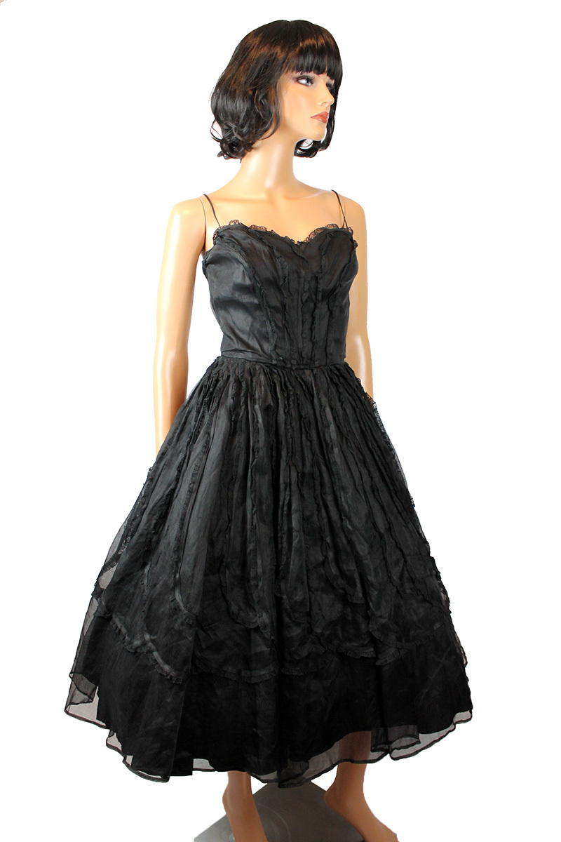 50s Prom Dress XS Vintage Black Sleeveless Organdy Chiffon Lace Cocktail Gown