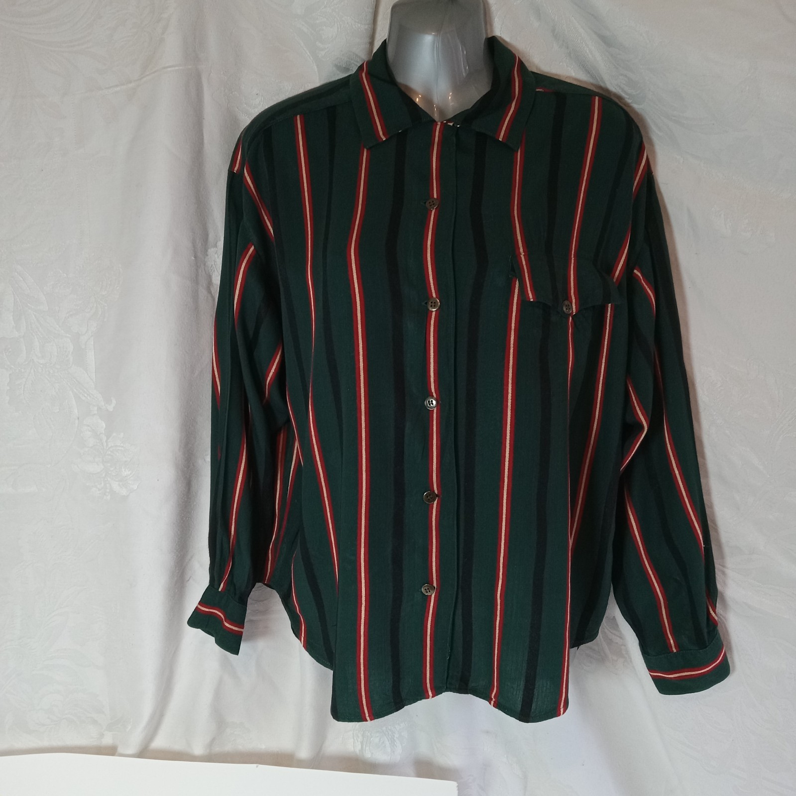 Esprit Women’s Shirt Button Down Green Red Stripe Preppy 1980s Size M Vintage