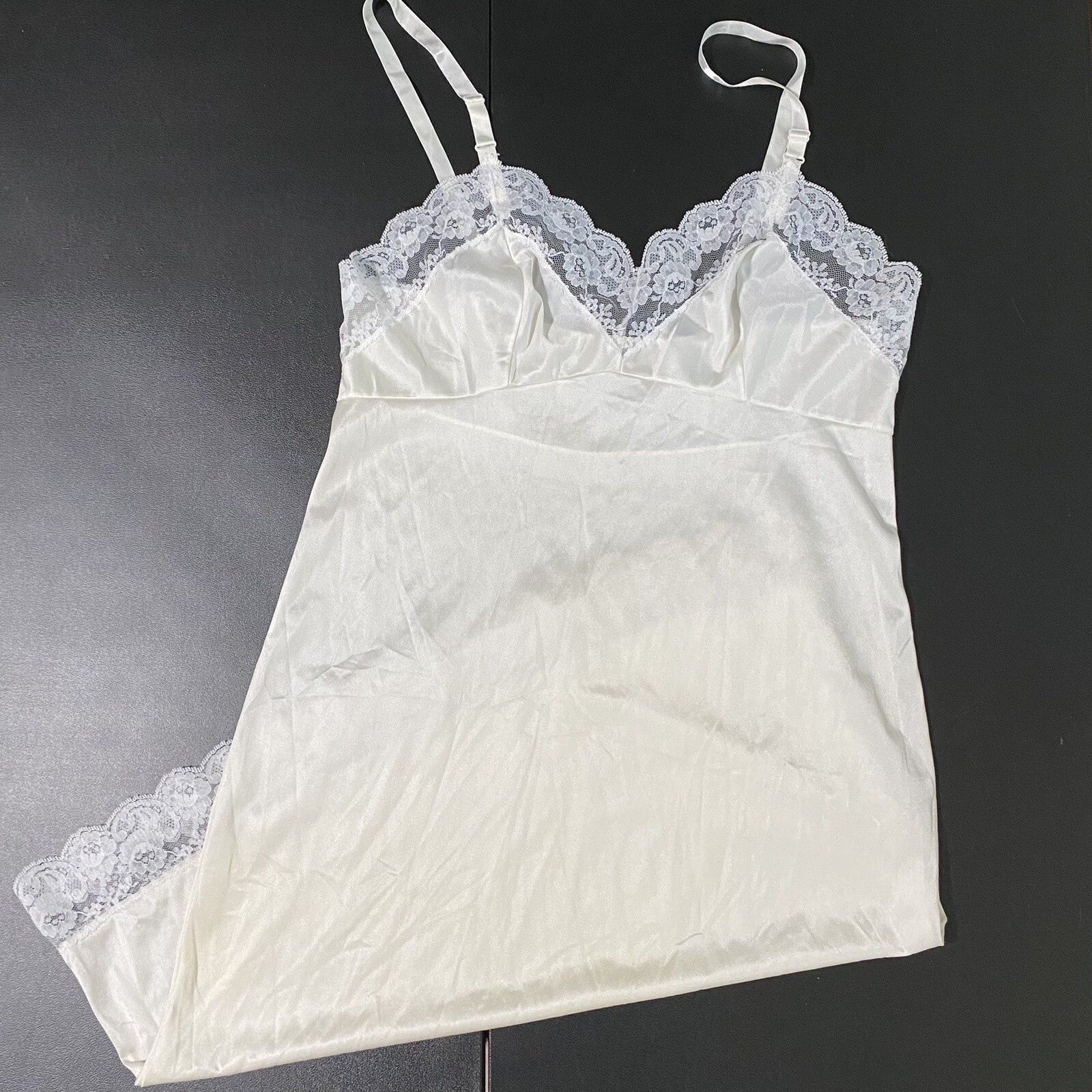 Vintage Komar Slip Dress Average 38 S/M Lace Trim Ivory White Cami100% Nylon