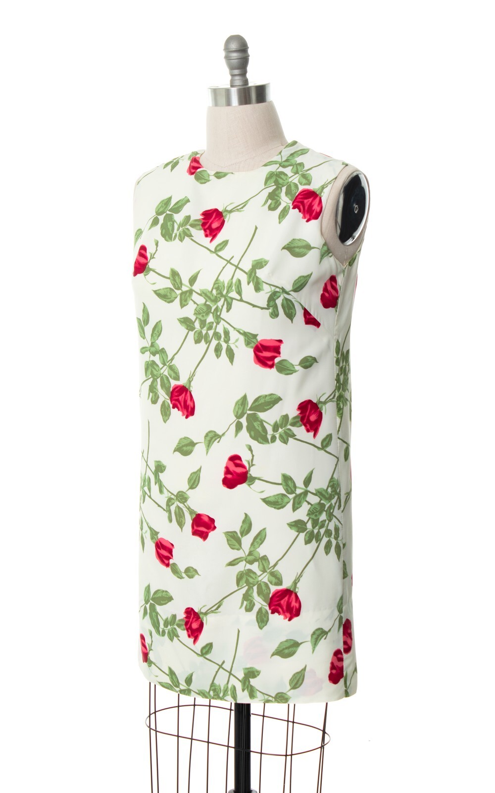 Vintage 1960s 60s Red Rose Stems Floral Printed Dress White Shift Sundress