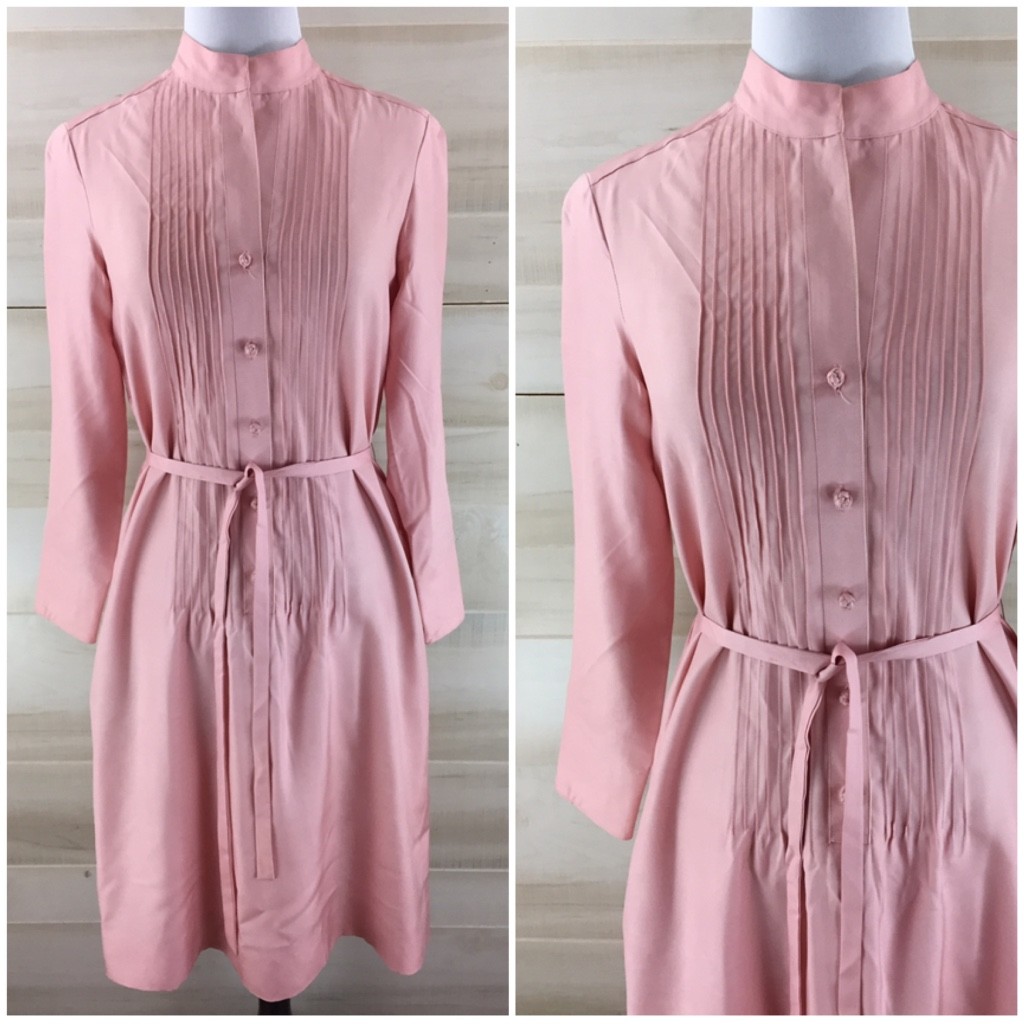 Vintage 70s 100% silk pink pin tuck belted tunic dress pockets mandarin collar M