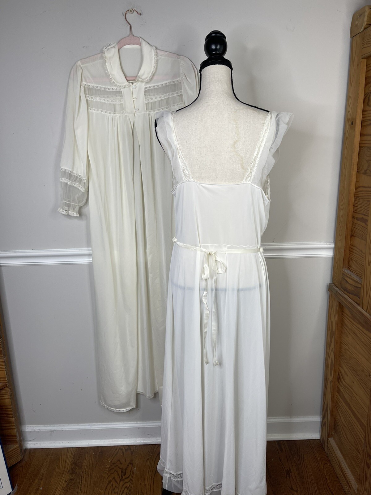 Vintage Dorella Long Ivory Nylon chiffon Full Nightgown Penior set Large Flaws