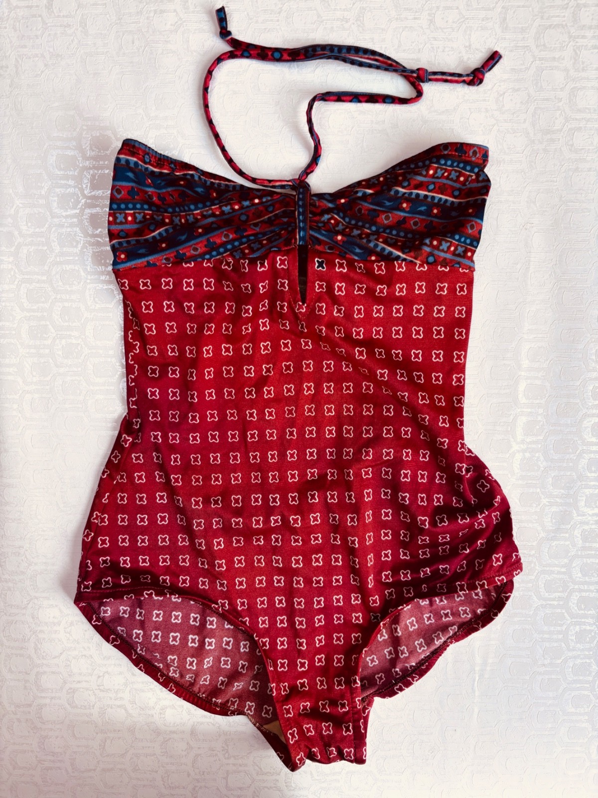 VTG 70’S DISCO BOMBSHELL COLE TERRACOTTA RED&BLUE RUCHED ONE PIECE SWIMSUIT*XS/S