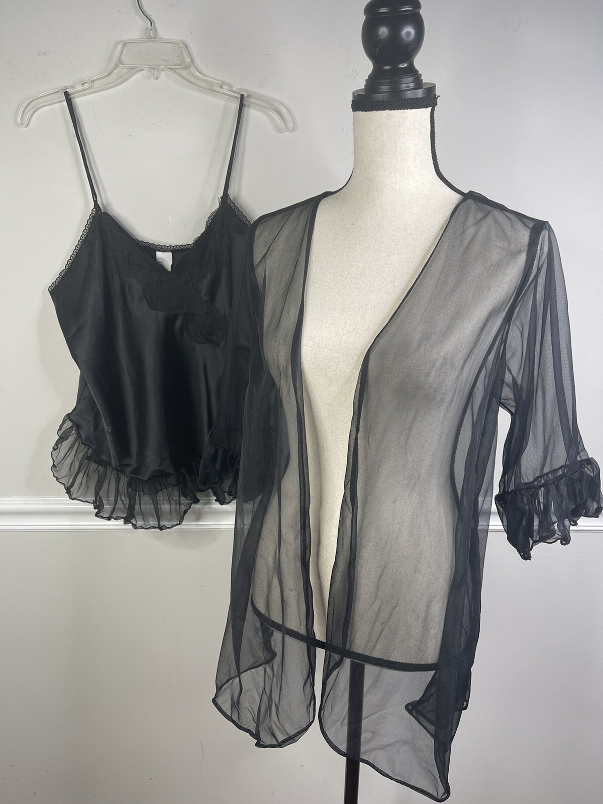 Vintage DELICATES Liquid SATIN Lace Cami Peignoir Black Large Chiffon Set Sexy