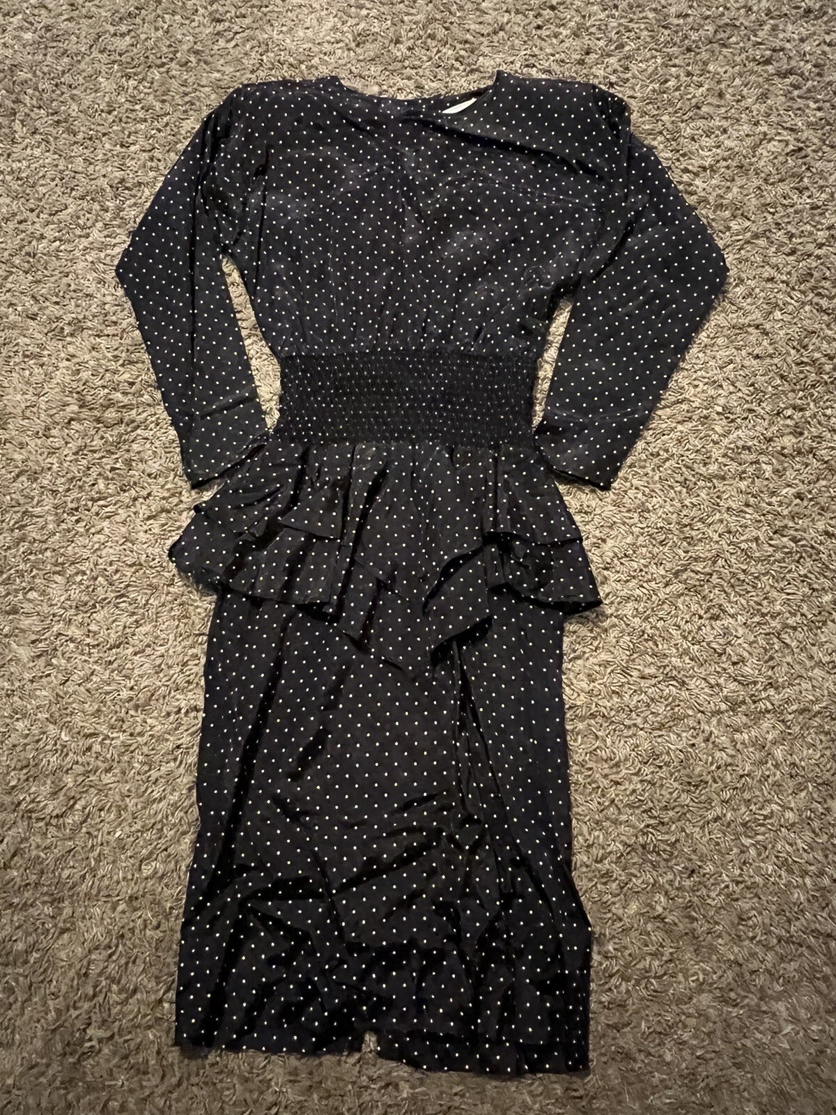Vintage Blondie & Me Black Polka Dot Dress w/ Shirred Skirted Waist Sz 3/4