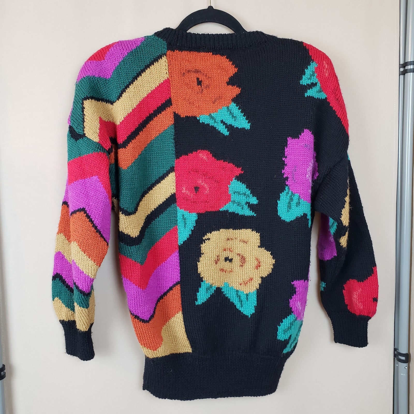 Vintage 80s Sweater M Wool & Mohair Black Bright Roses Stripes Made In England