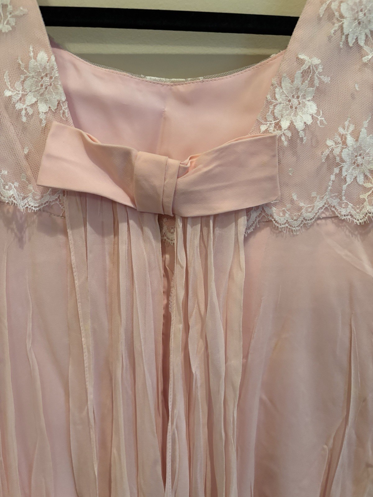 Vintage 1950s Pink Chiffon Party Dress — White Lace Yoke, Bow Back, Double Layer