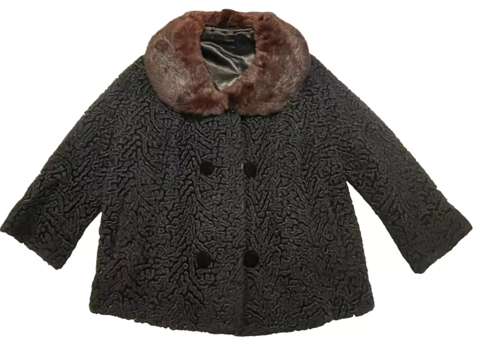 Vintage Curly Lamb Crop Jacket M Black Mink Collar Velvet Button Mob Wife 1950s
