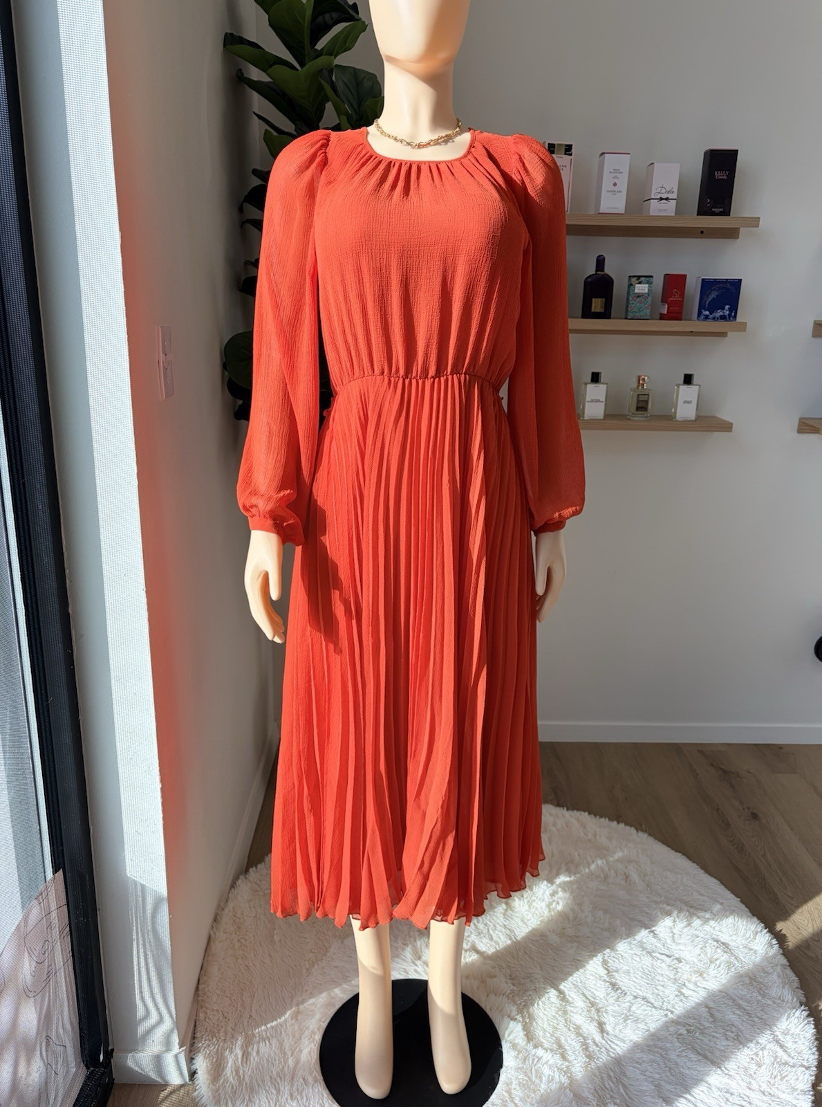 Vintage Orange Pleated Midi Dress with Long Sleeve, Regular Size
