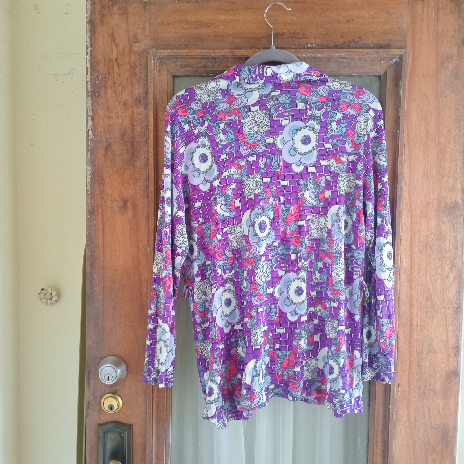 Vintage 70s Purple Pink Abstract Blouse Top Mod Hippie GoGo Boho S/M