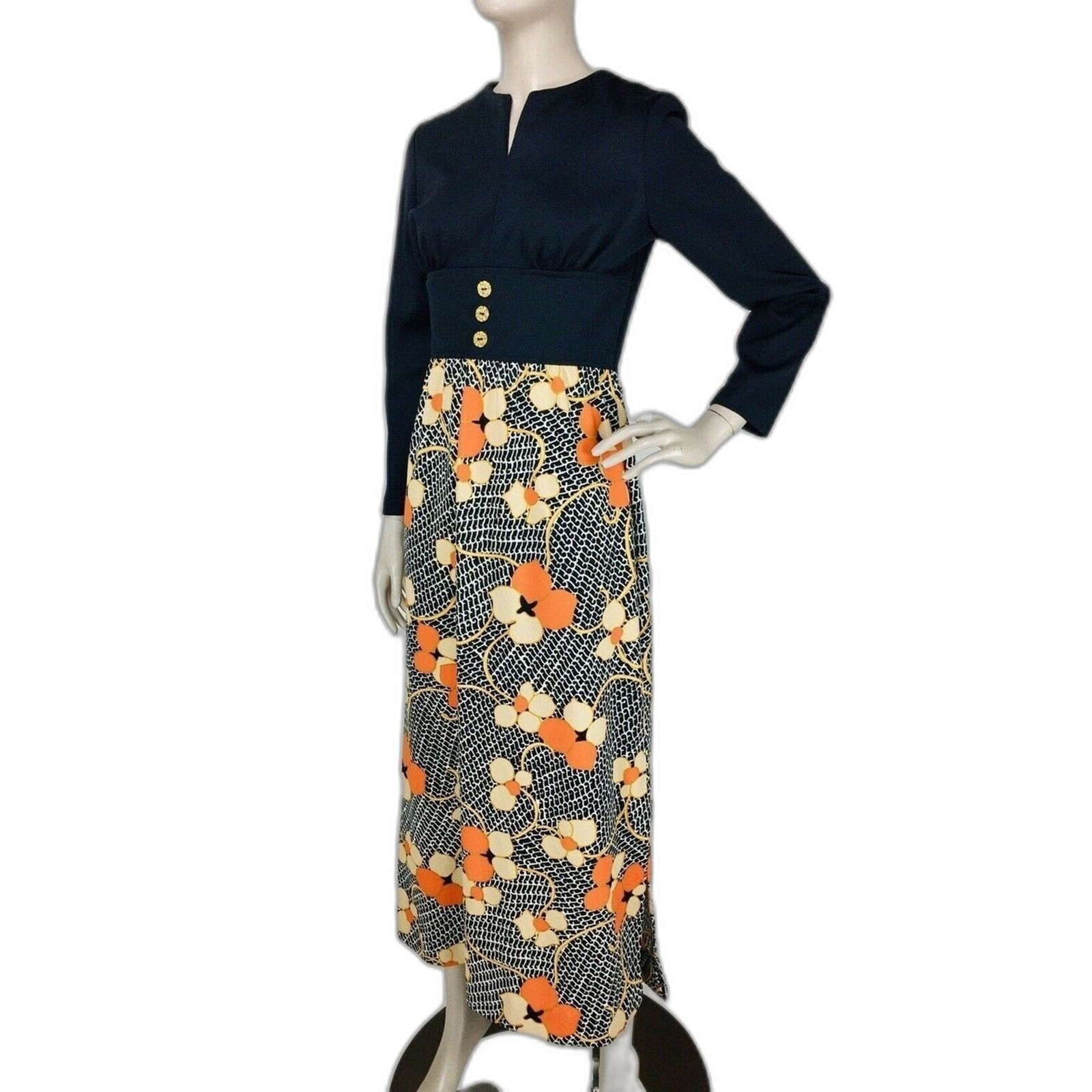 Vintage 70s MOD Floral Cinched Empire Waist Double-Knit Textured Maxi Dress NEW