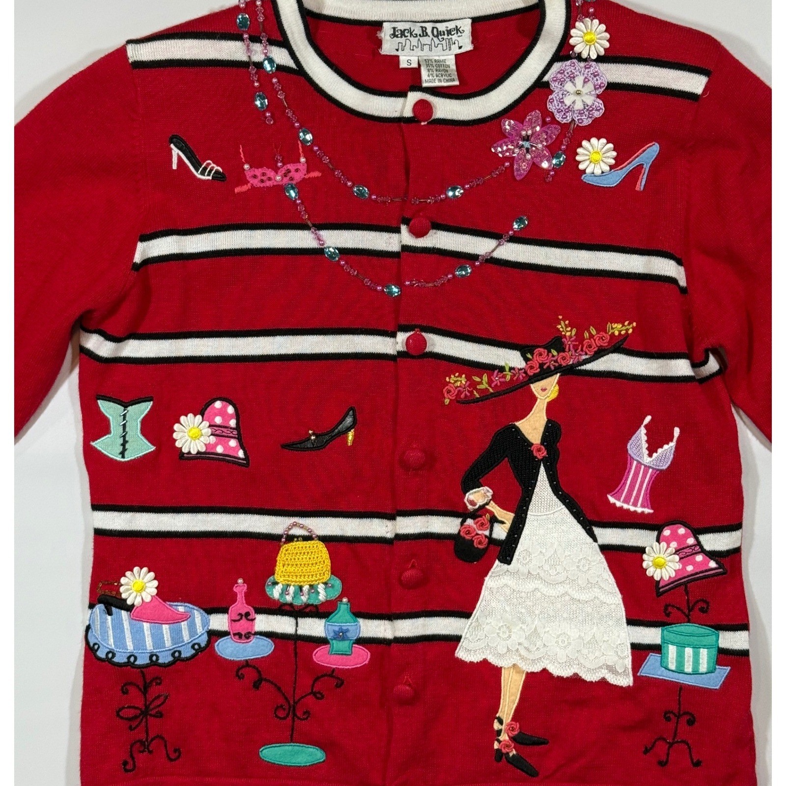 VTG Jack B Quick Cardigan Women S Red Novelty Striped Beaded Whimsical Parisiane