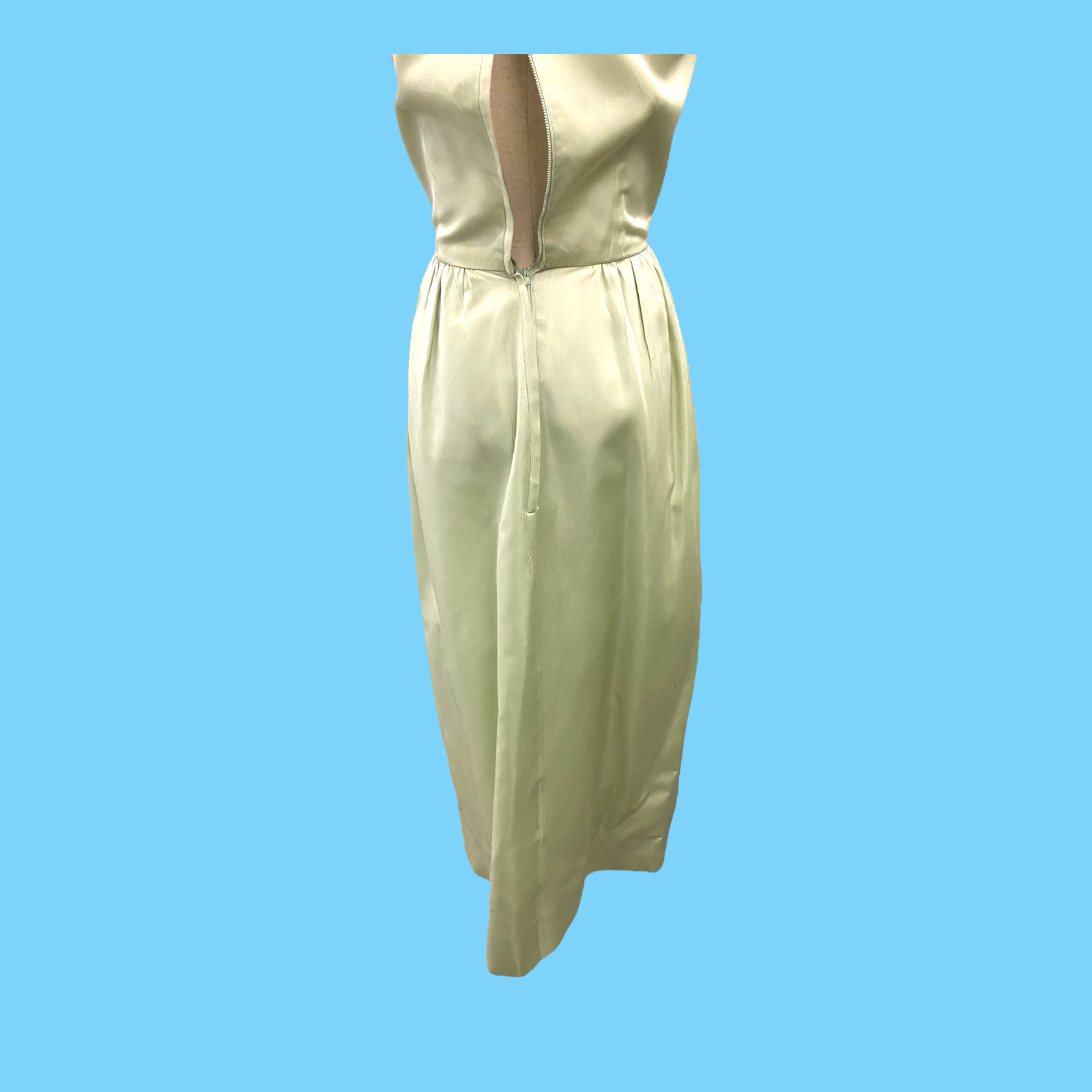 Vintage 1960s Pale Green Maxi Gown W/ Whitge Sequins Small