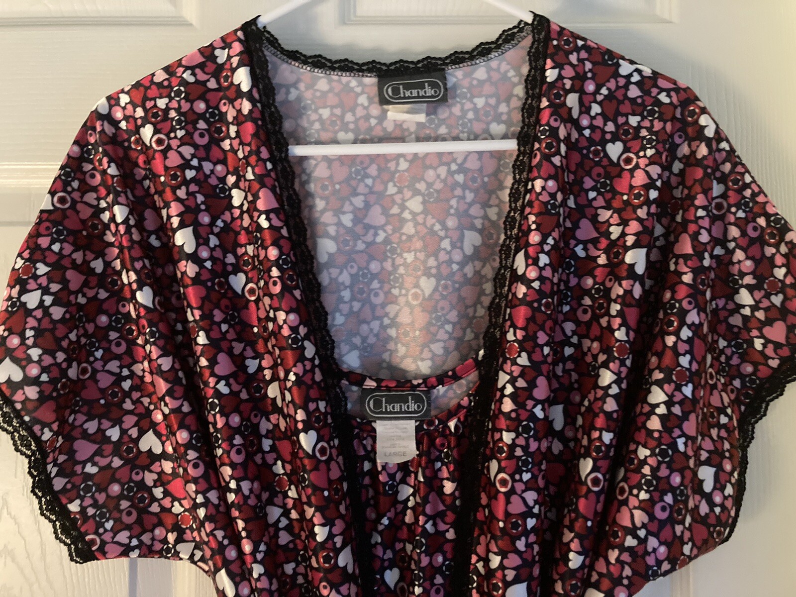 Vintage Chandio Black Pink & White Hearts 2 Piece Nightgown Peignoir Robe Large