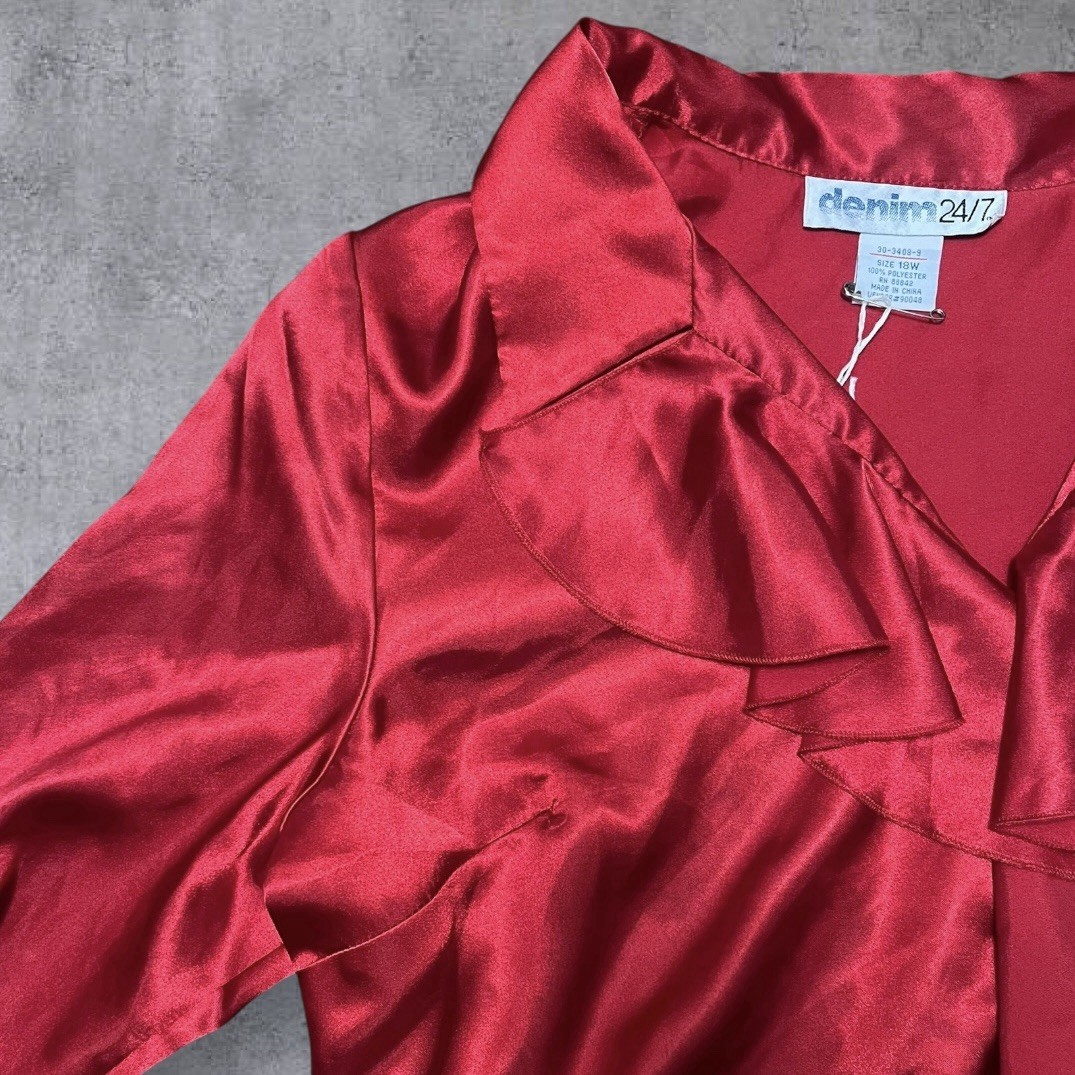 Vintage y2k Red Satin Ruffle Clowncore Denim 24/7 Sz 18W (XXL) Plus Size Blouse