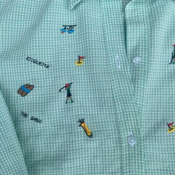 Vintage Mint Gingham Golf Embroidered Button Up Shirt Country Club Preppy