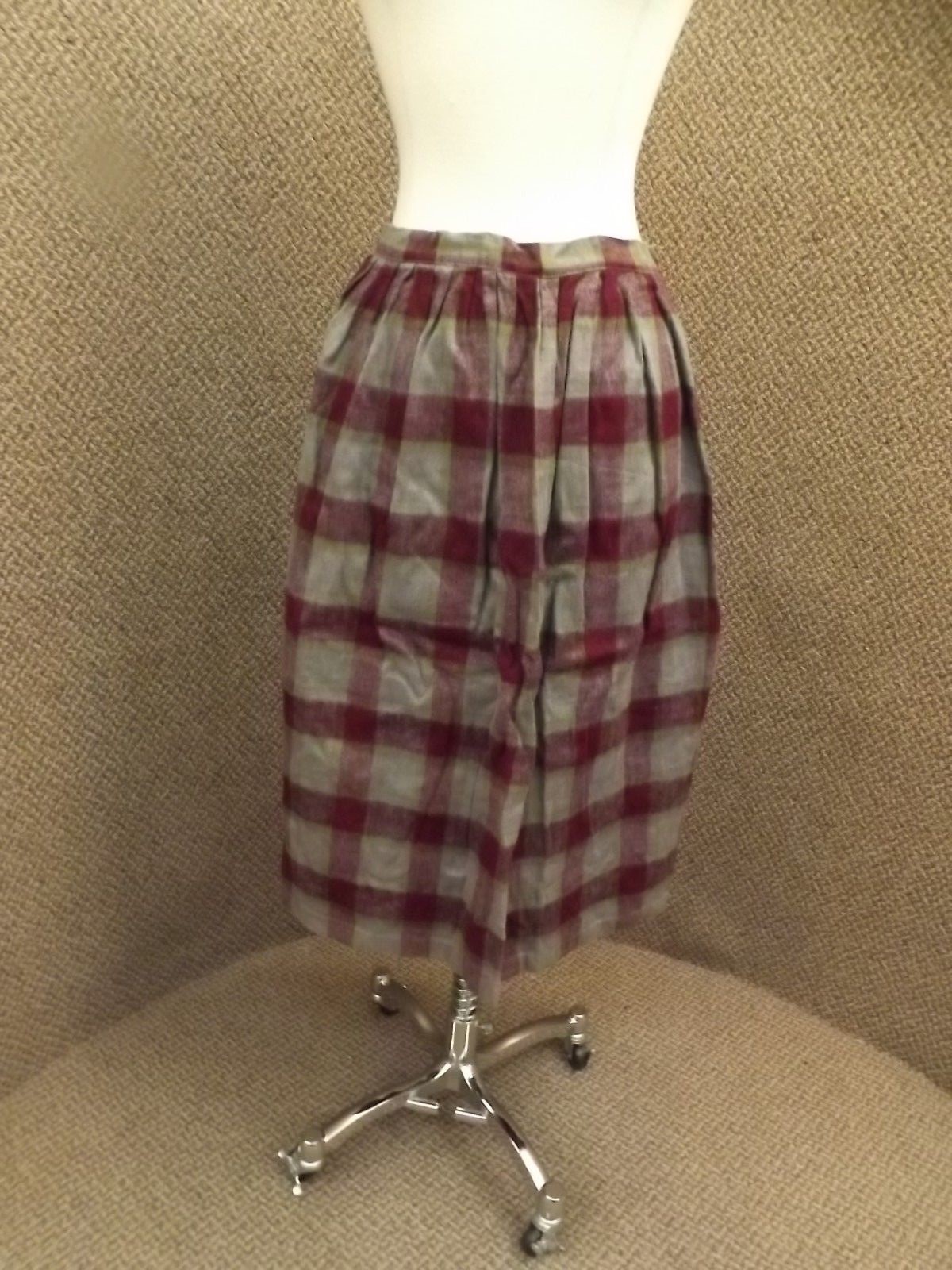 Fab Rockabilly Vtg 1950s NEW Maroon Grey Shadow Plaid Flannel Circle Skirt Sz 12
