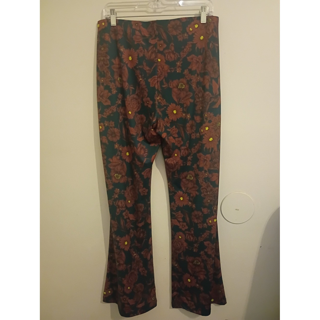 High-Rise Floral Flare Pants in Aqua Green and Rust Sz L