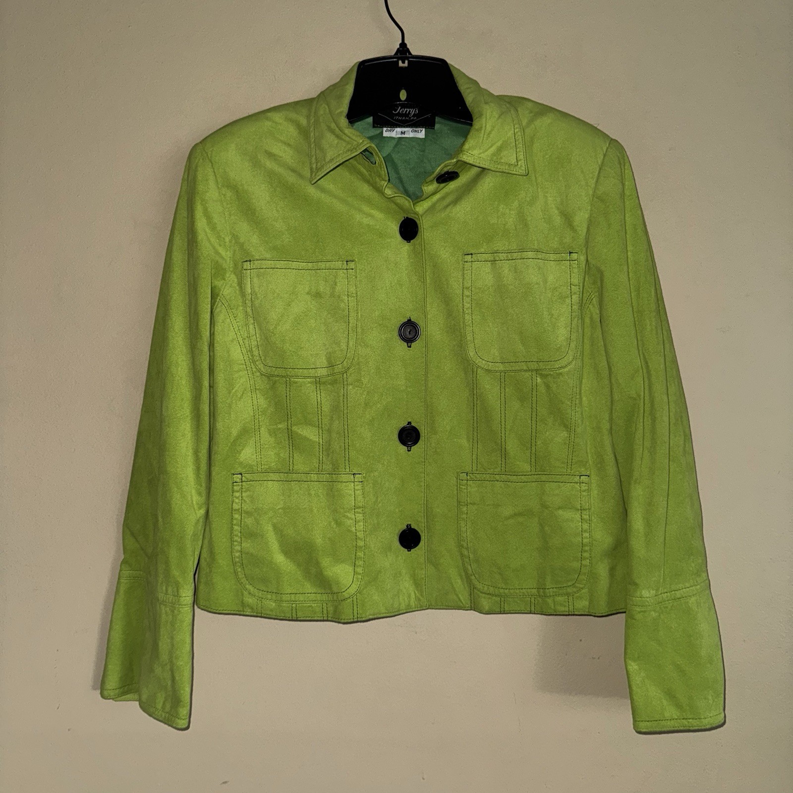 Vintage Lime Green Suede Boxy Utility Cropped Jacket Size M