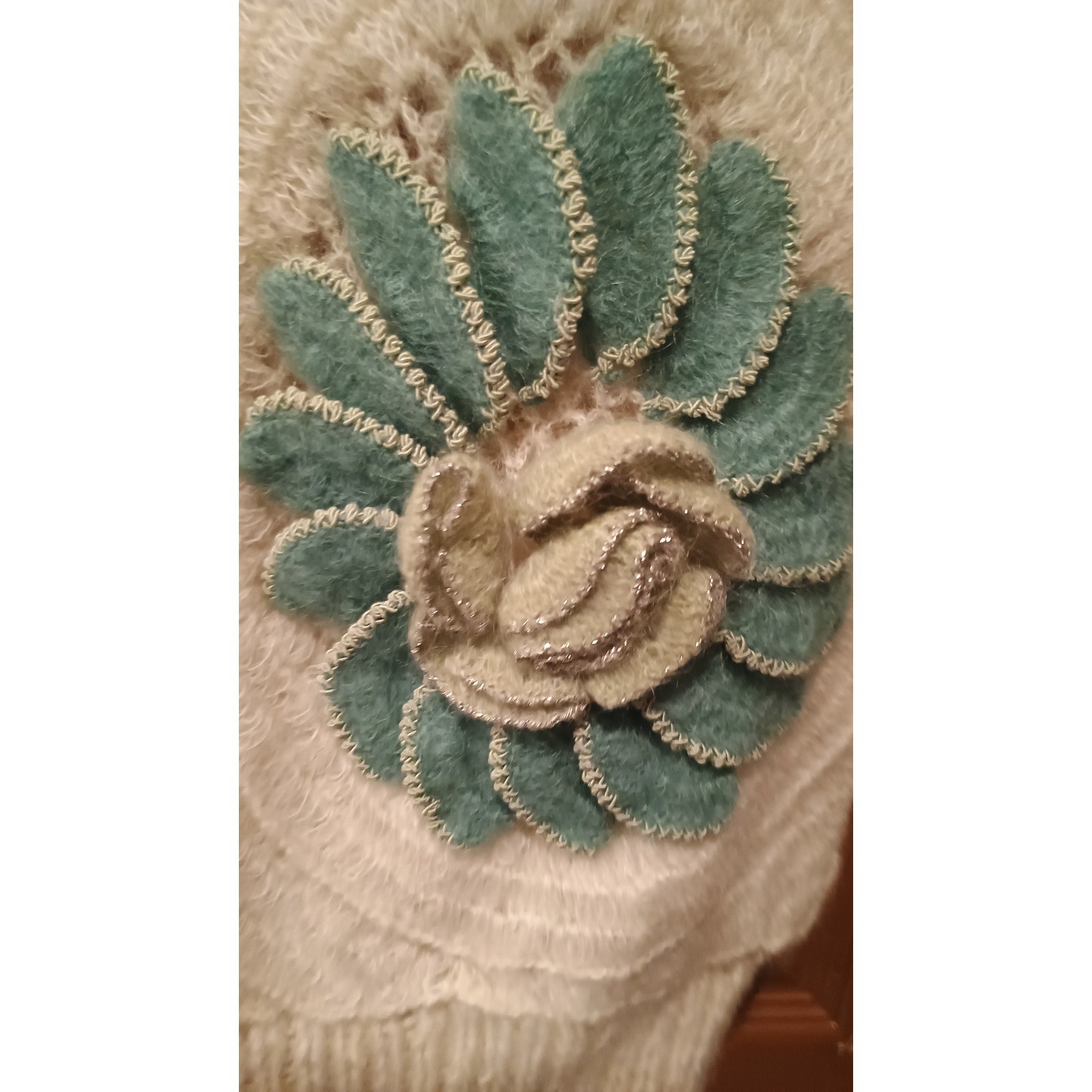 Lim’s Mohair Sweater Women Large Cream 3D Floral Applique *Vintage* Art to Wear