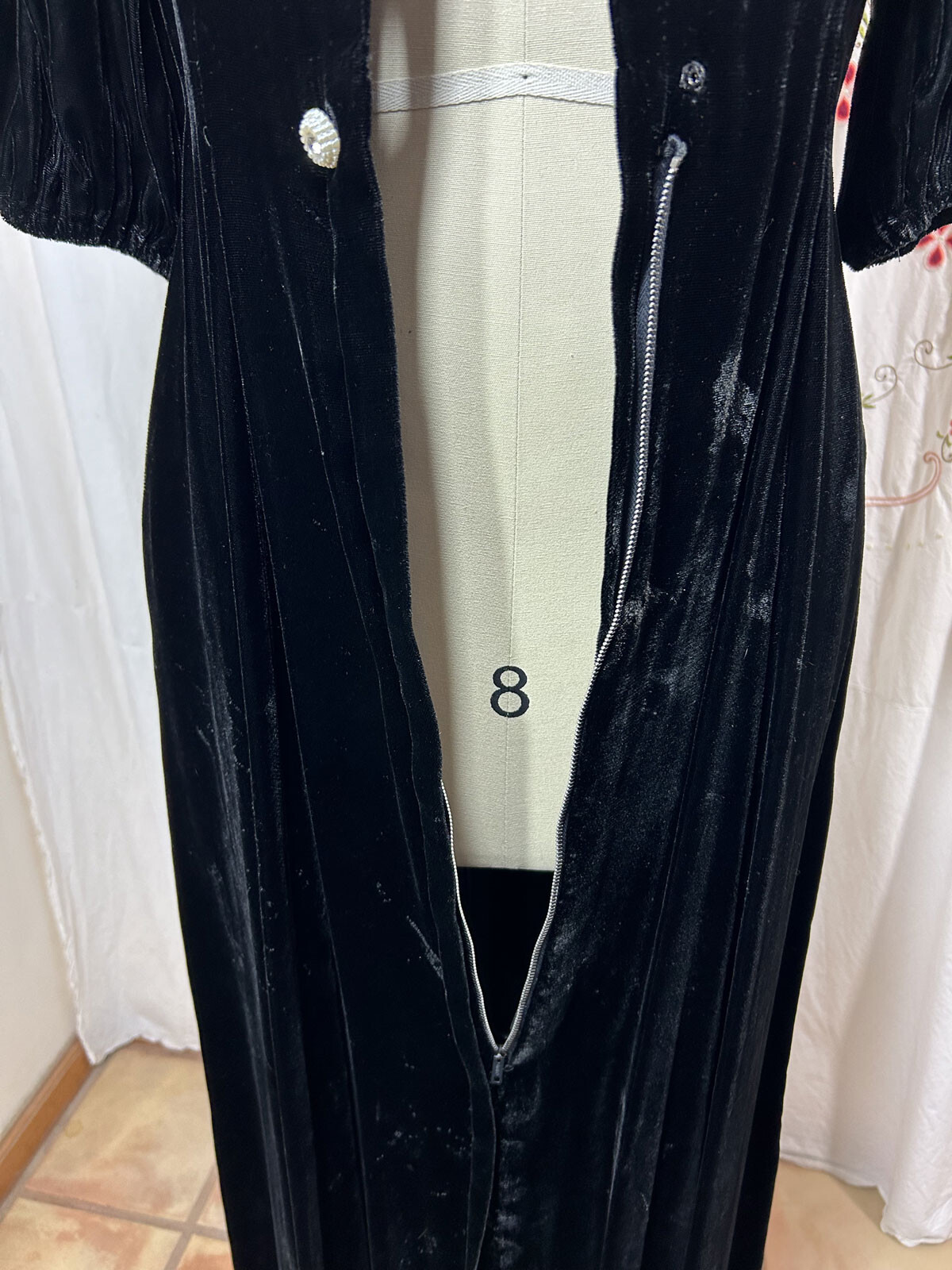 Vtg 30s Black Silk Velvet Long Dress Rhinestone Buttons Evening Hollywood sz 8/S