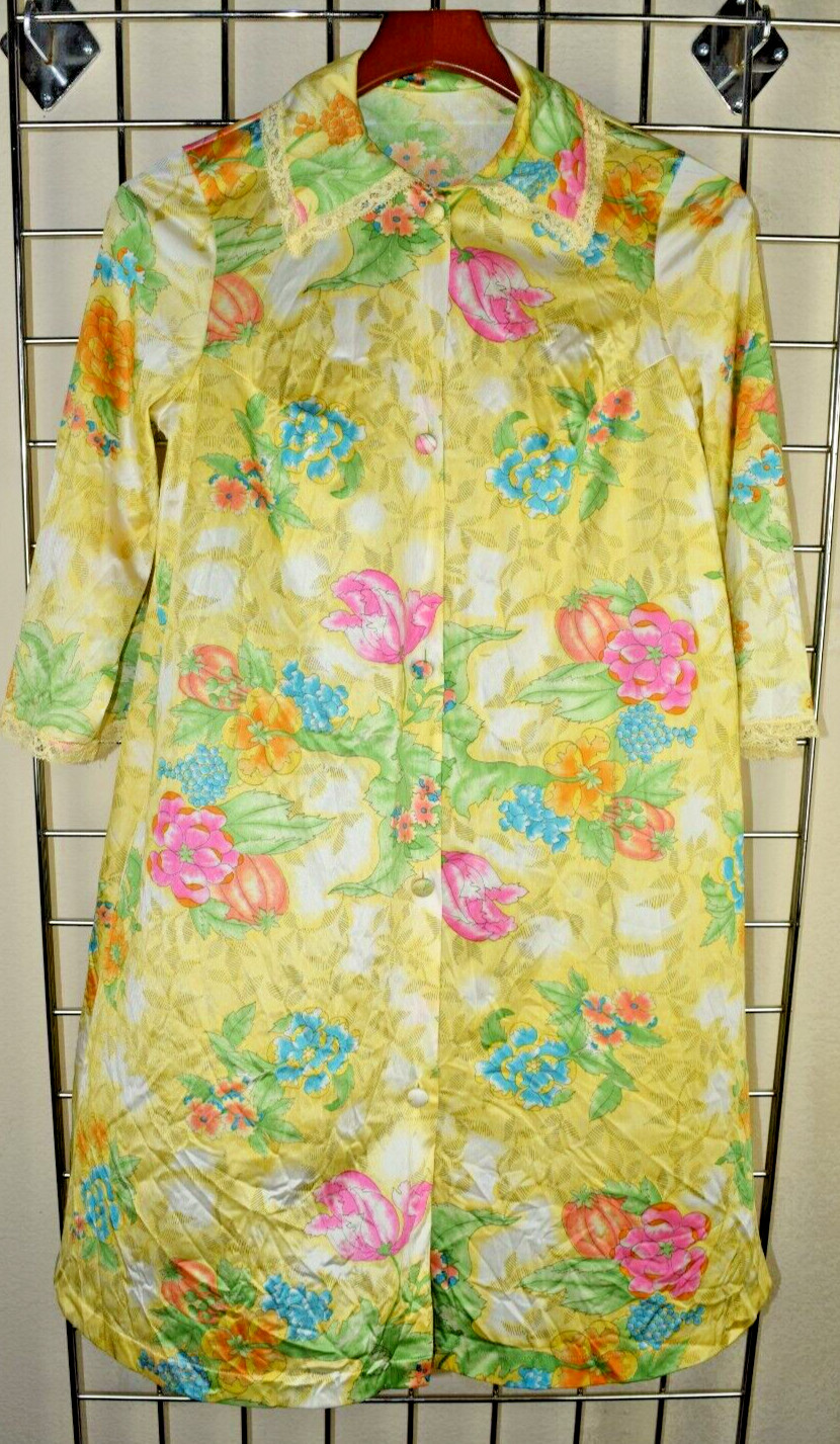 Vintage Nightgown Size S 70s Shimmery Golden Yellow Floral A Line Full Button