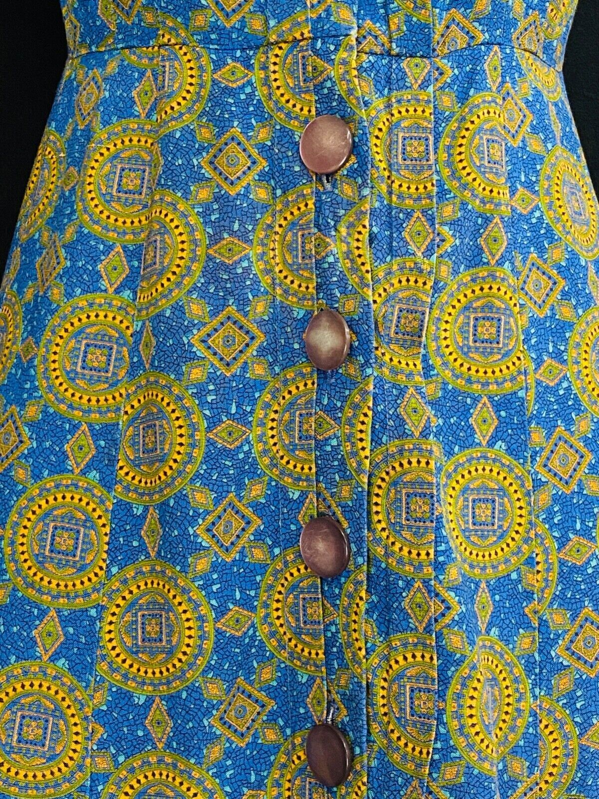 Vintage 1950s blue gold dress, cotton summer short sleeve shirt rayon green S