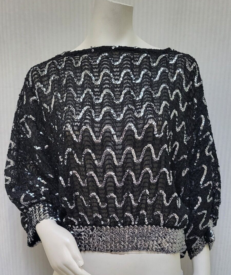 Vintage 1970s Black Silver Sequin Semi Sheer Balloon Sleeve Top – Size S/M