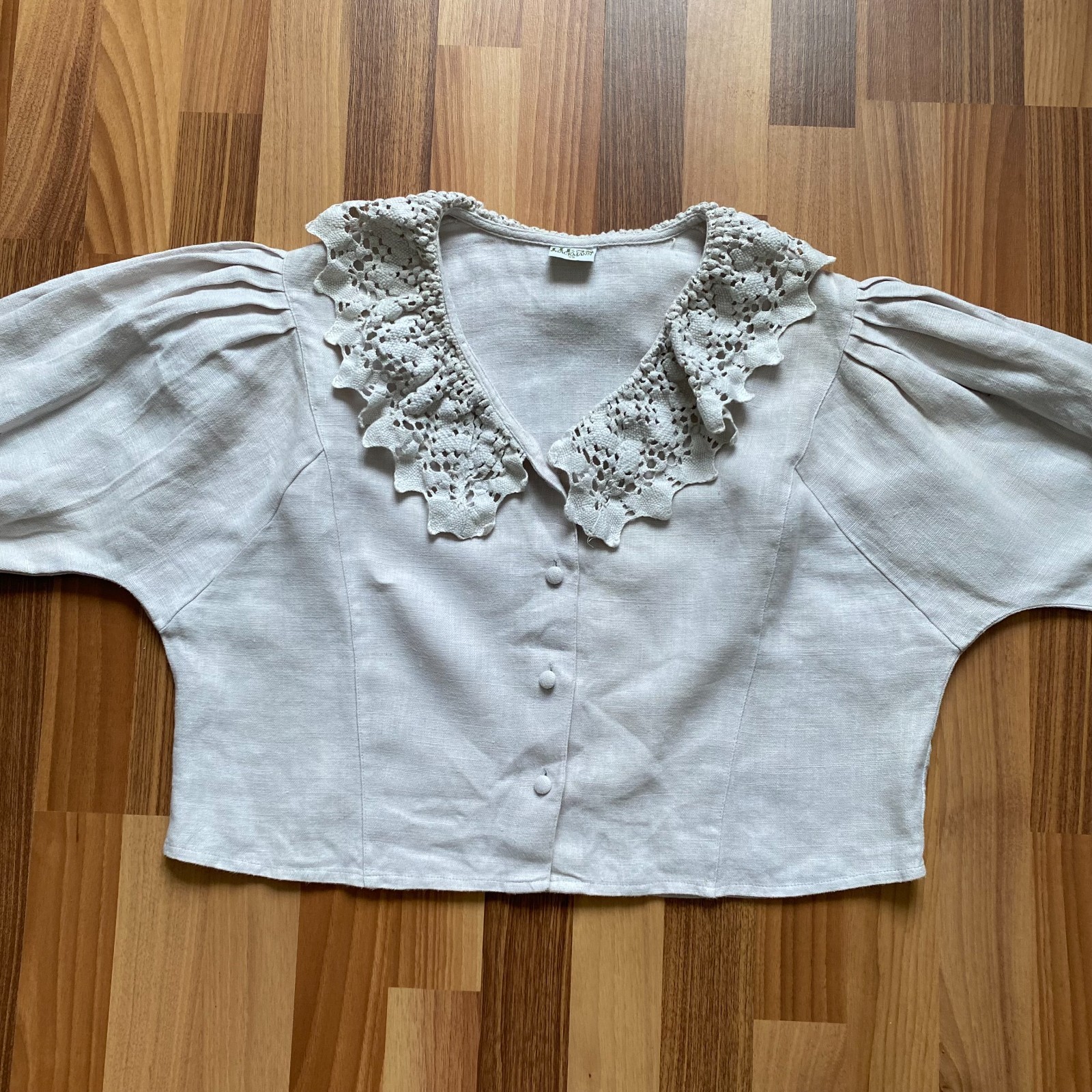 HESS FRACKMANN Linen Blouse Button Front Peasant Folk Edwardian Puff Sleeves 42