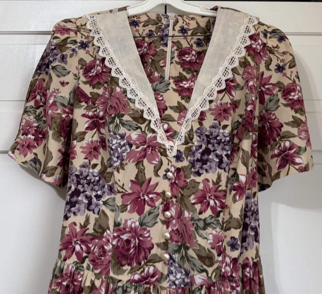 Vintage Floral Lace Collar Midi Dress~ Sz 12/14? Tea Garden Party COTTAGECORE