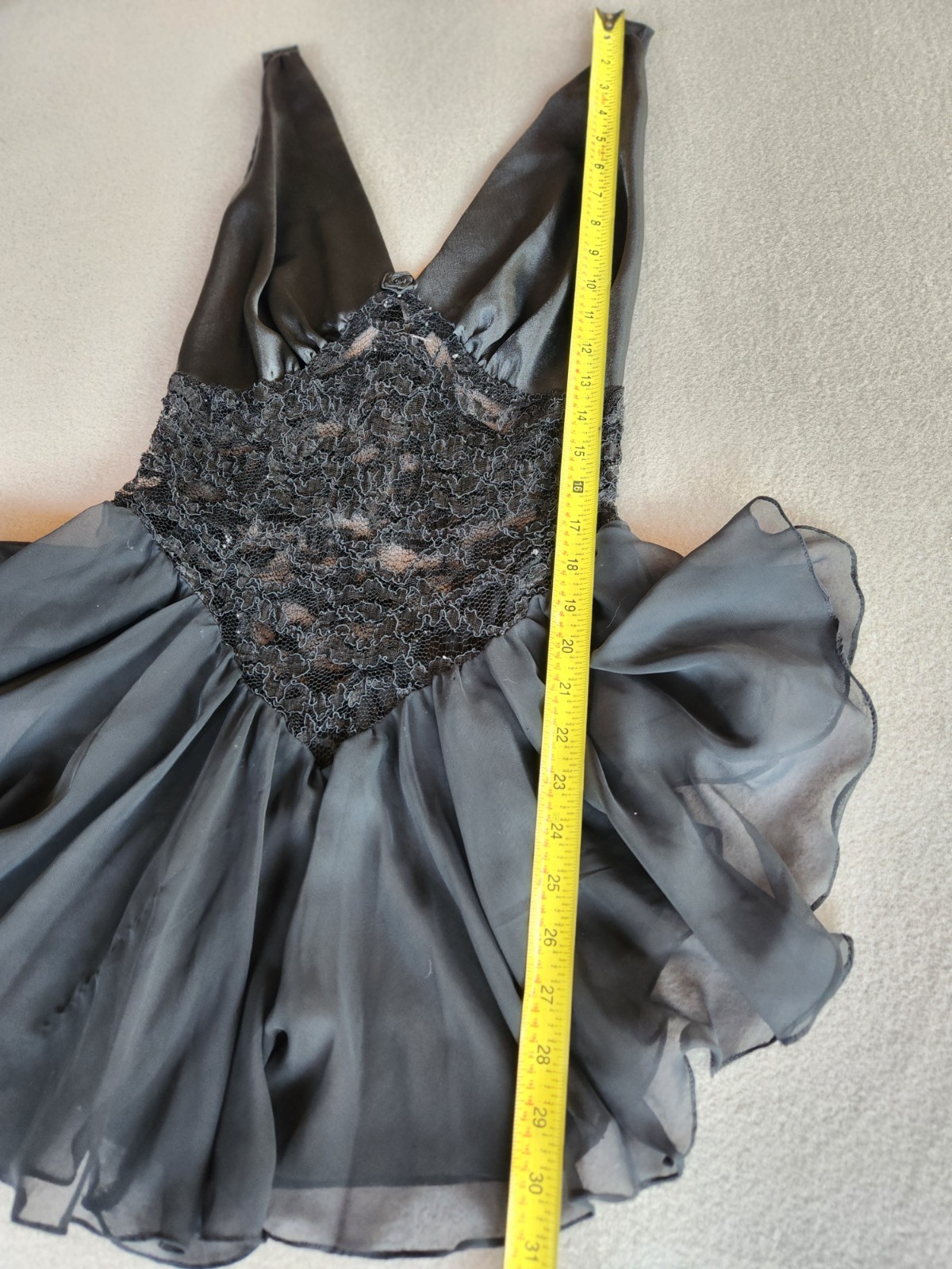 Black Satin Lace Chiffon Teddy Bodysuit Babydoll Lingerie Rosette M