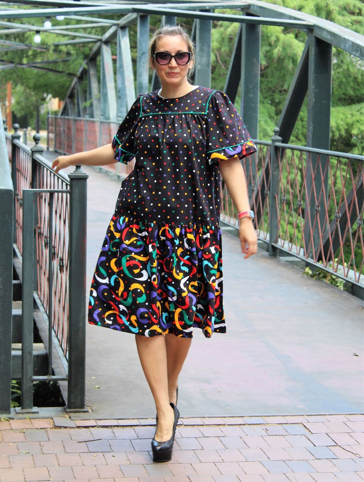 Vintage 80s Appel Caftan Dress Large Women Multicolor Cotton Loose Fit