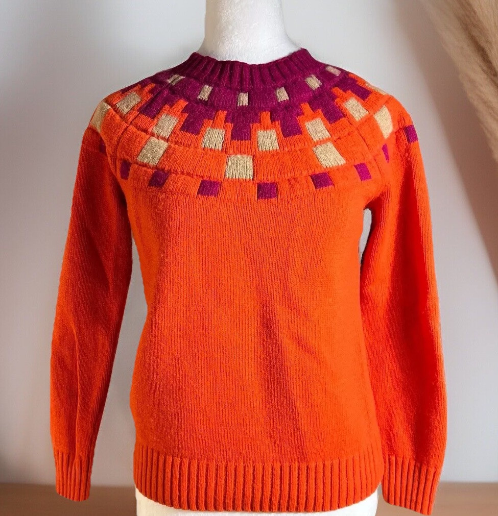 Vintage 90s Merino Wool Blend Fair Isle Aprés Ski Cottagecore Sweater Orange S