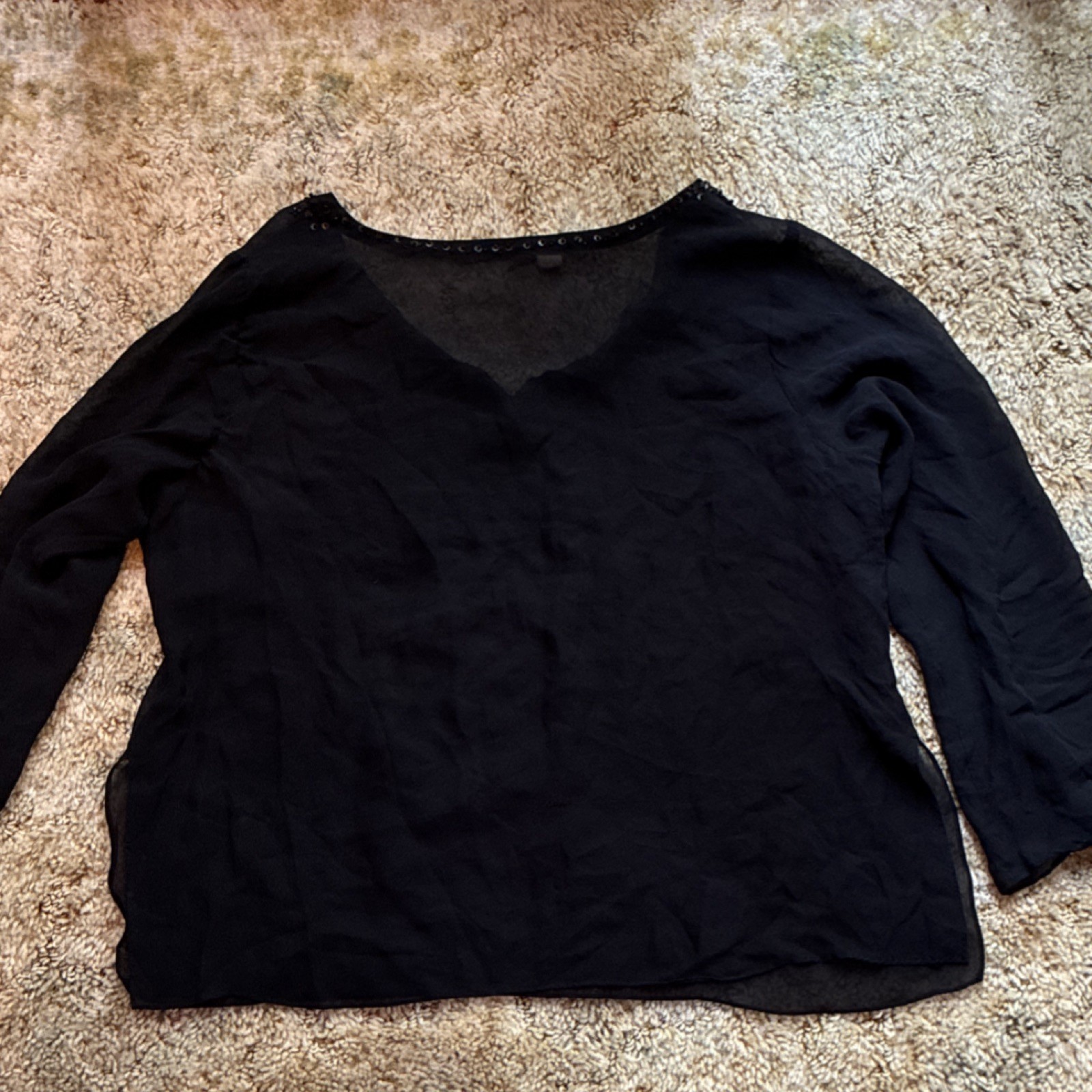 Tape Measure/Woman Black 100% Silk Blouse Size 16W With Breaded Collar