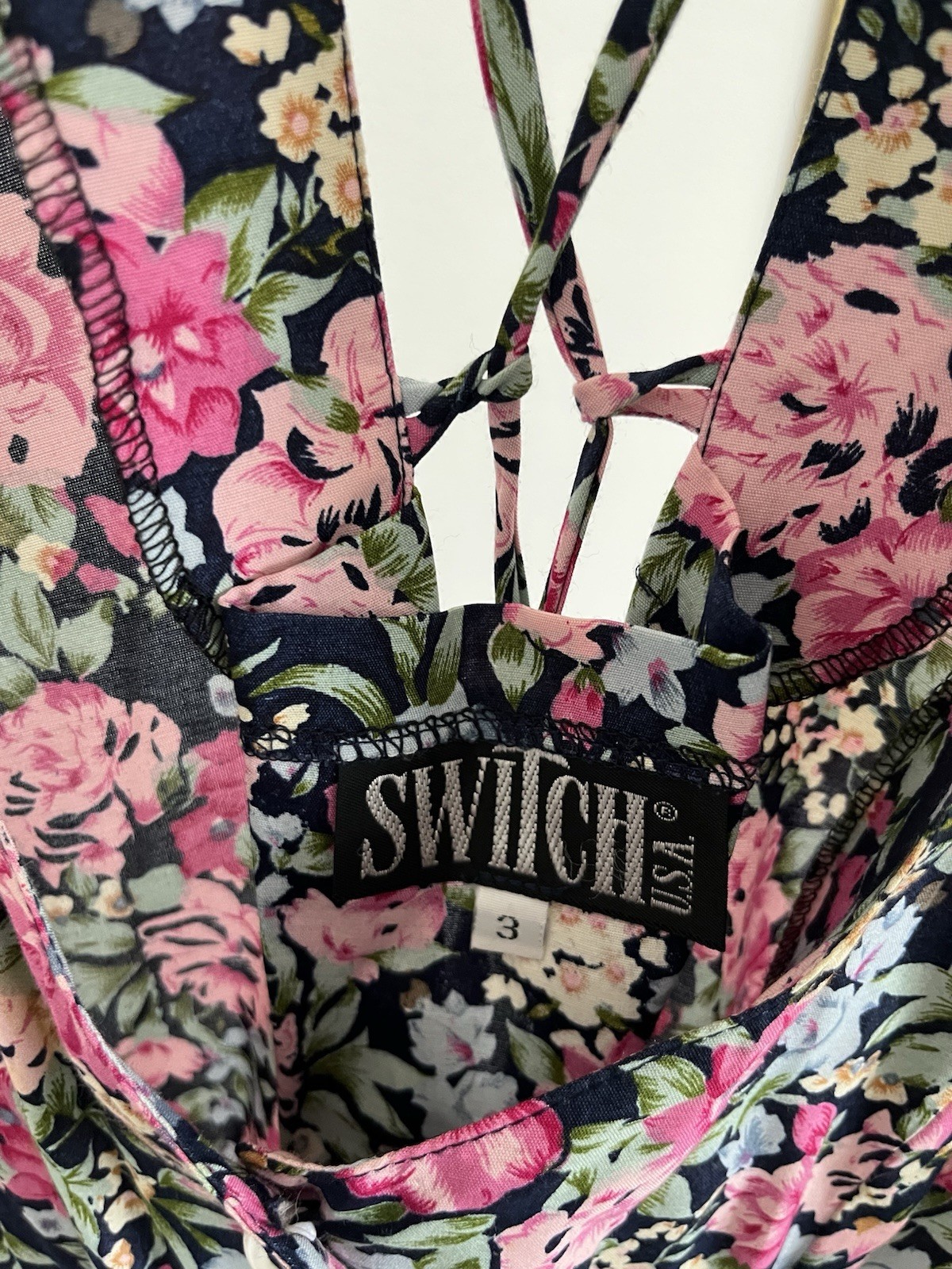 Vintage Switch Made In USA Dress Black Floral Women’s Tie Back Cottagecore 90s