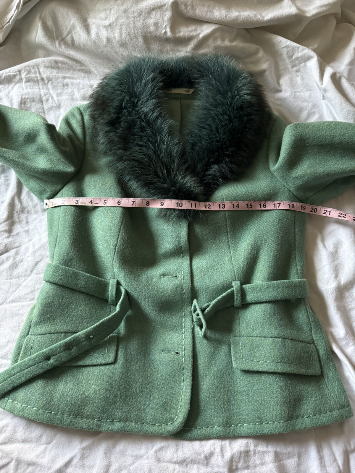 Vintage 1970s Canda Couture Pure Wool Skirt Suit Aqua Fur Collar Belted Sz 10/12