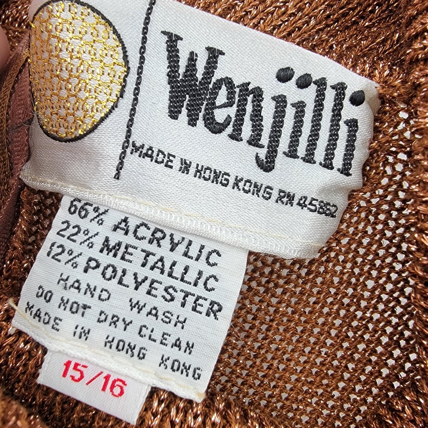 Vtg 70s Disco Wenjilli Sz 15/16 Copper Gold Metallic Knit Maxi Dress Cowl Gown