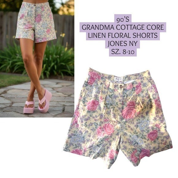 90’S VINTAGE GRANDMA COTTAGE CORE FLORAL LINEN SHORTS JONES NY 8-10