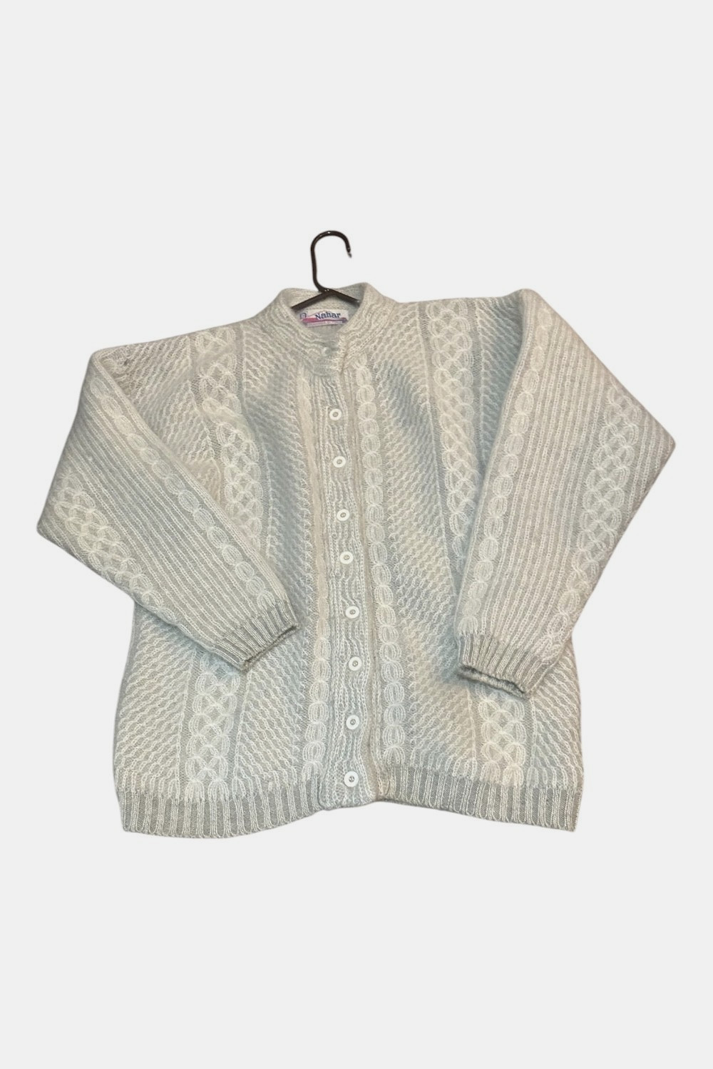 Vintage Nahar Mohair Sweater Cardigan Wool Cream Gray Designed in Italy Sz 52 XL