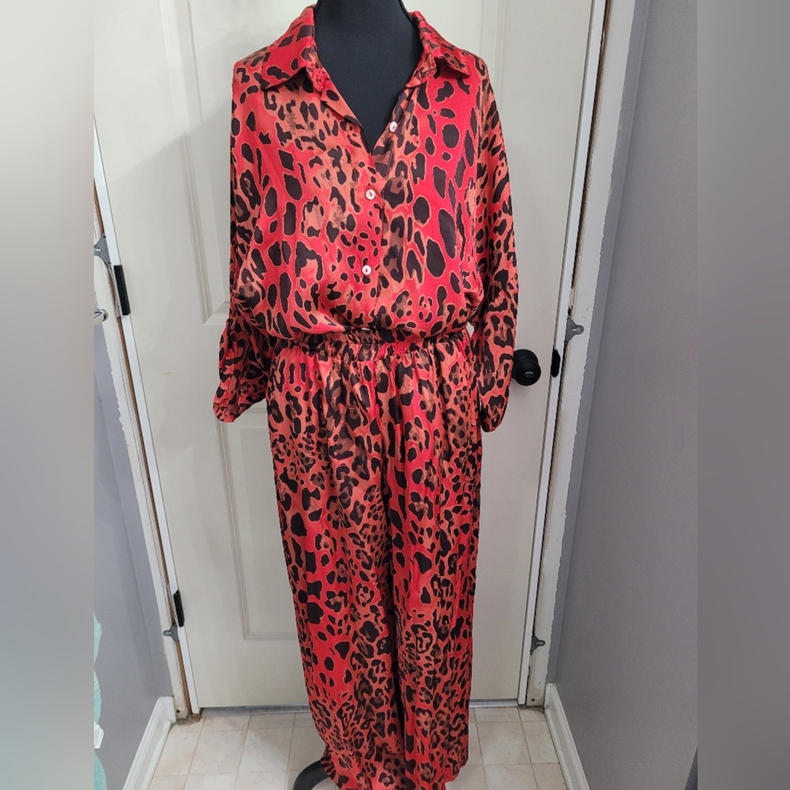 Women’s Red Leopard Print Button Down Shirt