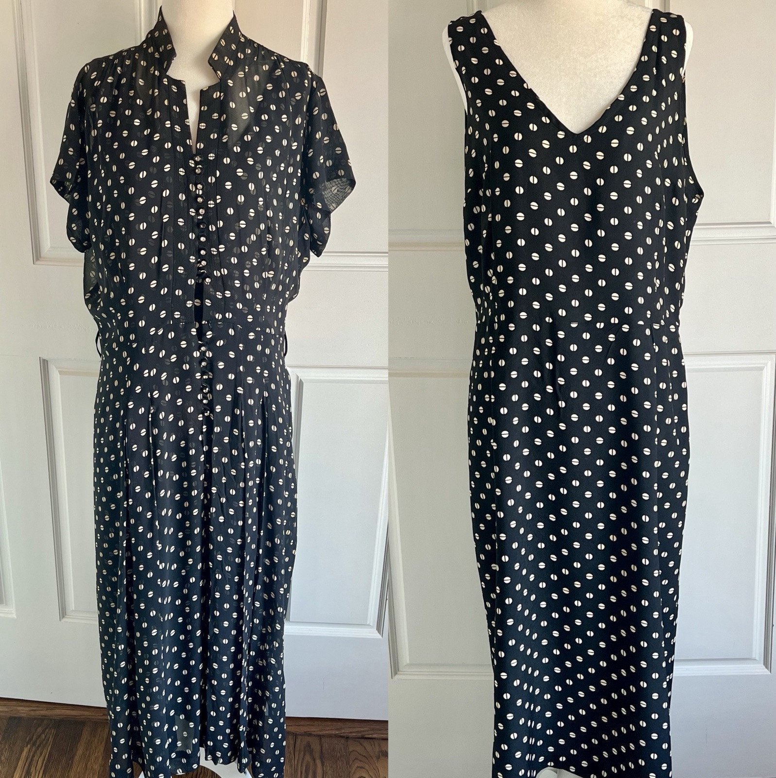 Vintage 1930’s 2 Piece Dark Navy Blue Sheer Silk Polka Dot Dress w/ Sheath Sz L