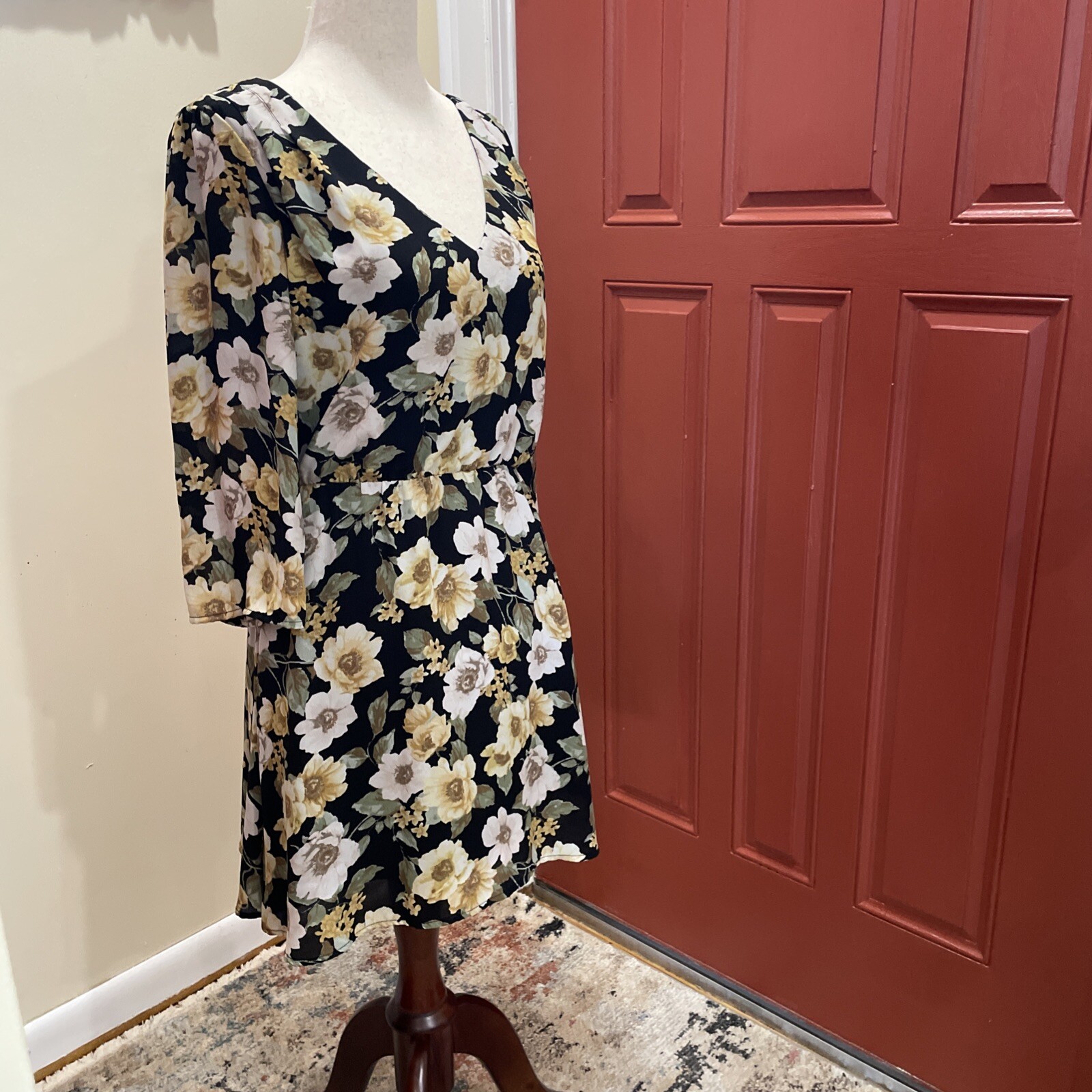 Forever 21 Floral Boho 3/4 Length Sleeve Dress, size Small, black, Yellow, green