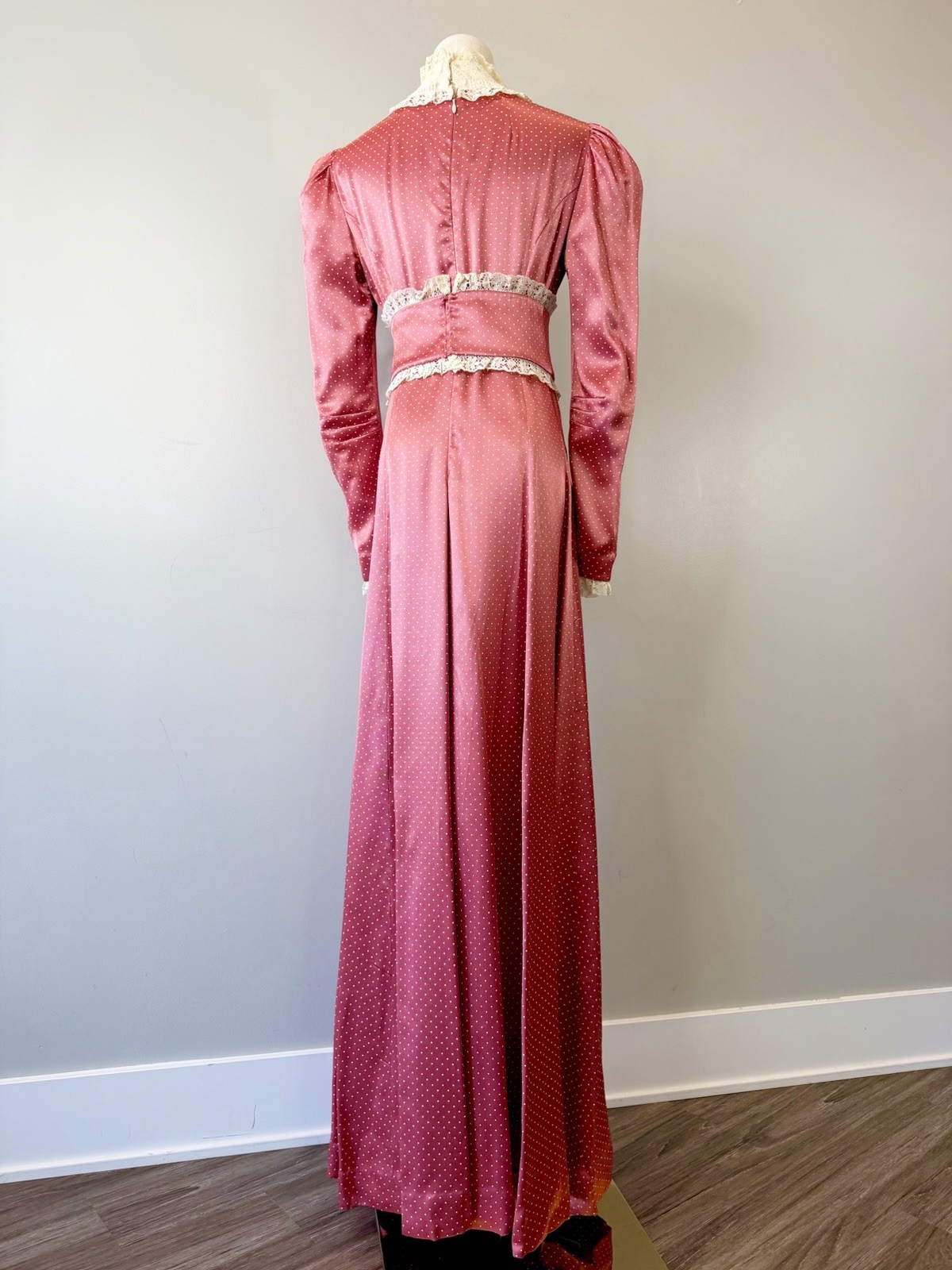 Vintage 1970s Prairie Dress Pink Dot Cottagecore 70s Elegant Edwardian Medium