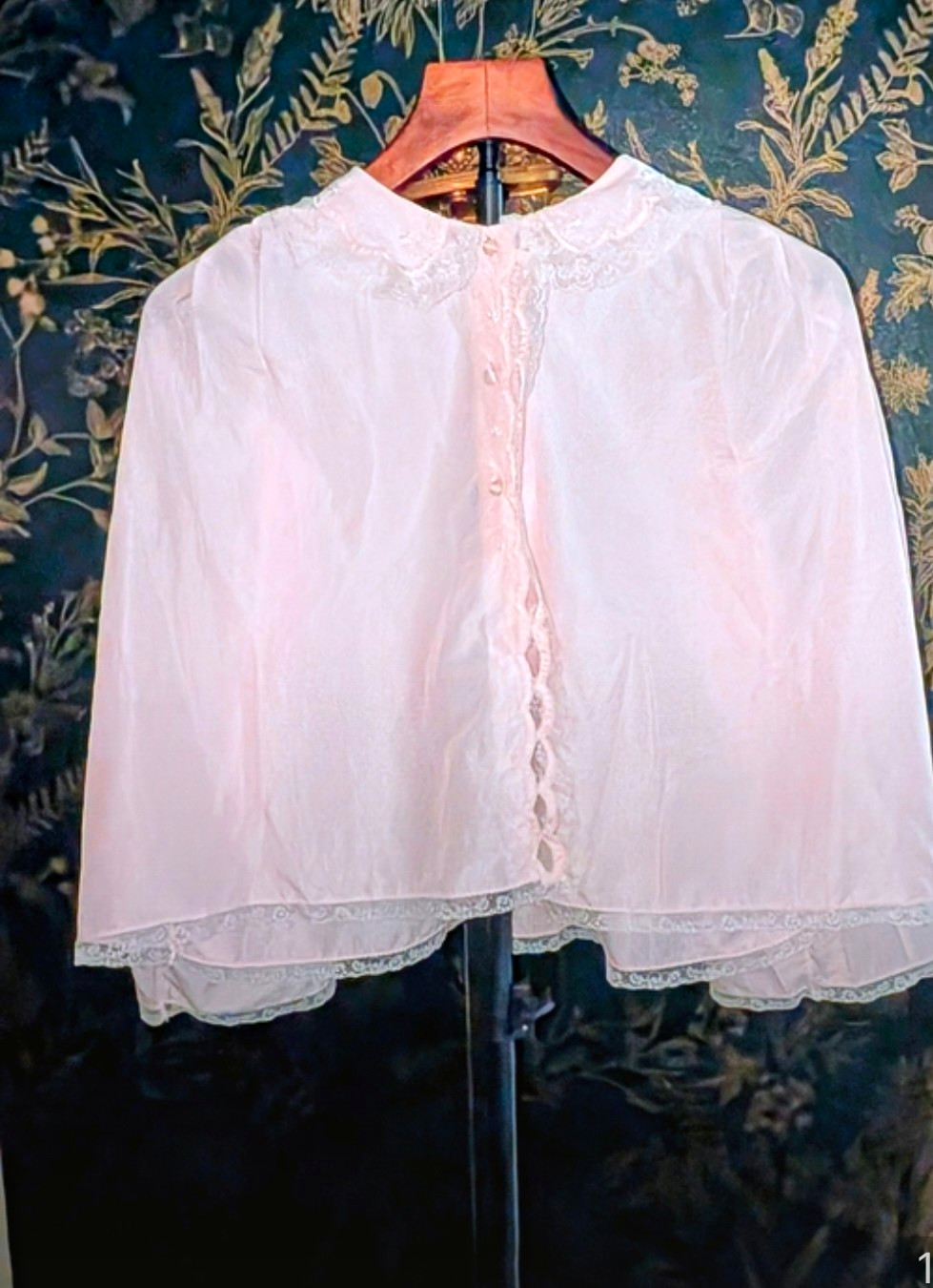 Vintage Pink Sheer Lace Fabric Bed Jacket Sleepwear Top with Lace Trim