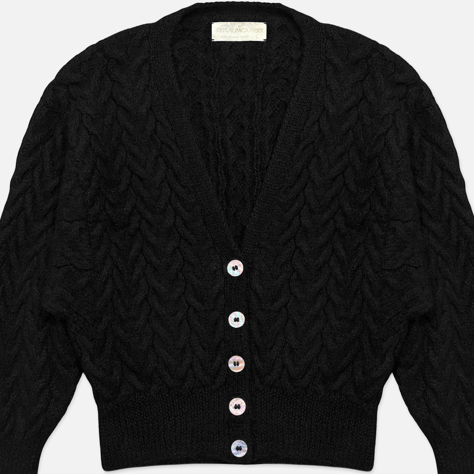 Vintage 70s Coquette Black Fuzzy Alpaca Wool Cable Knit Pearl Button Cardigan L