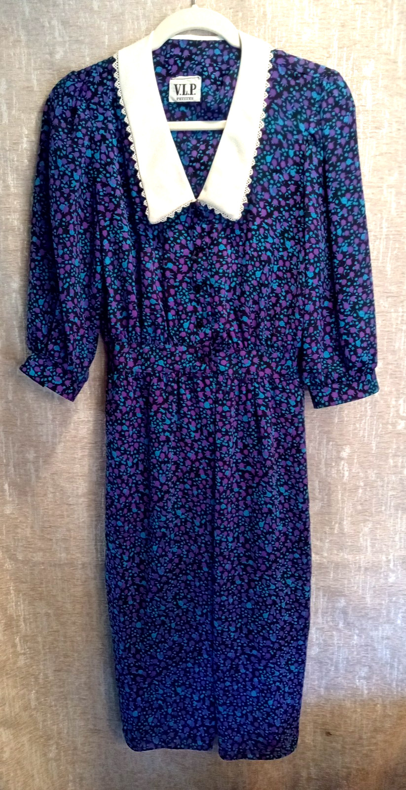 💜 VTG 1980s Cottagecore Style V.L.P. Petites Dress Sheer Floral Womens Sz 6