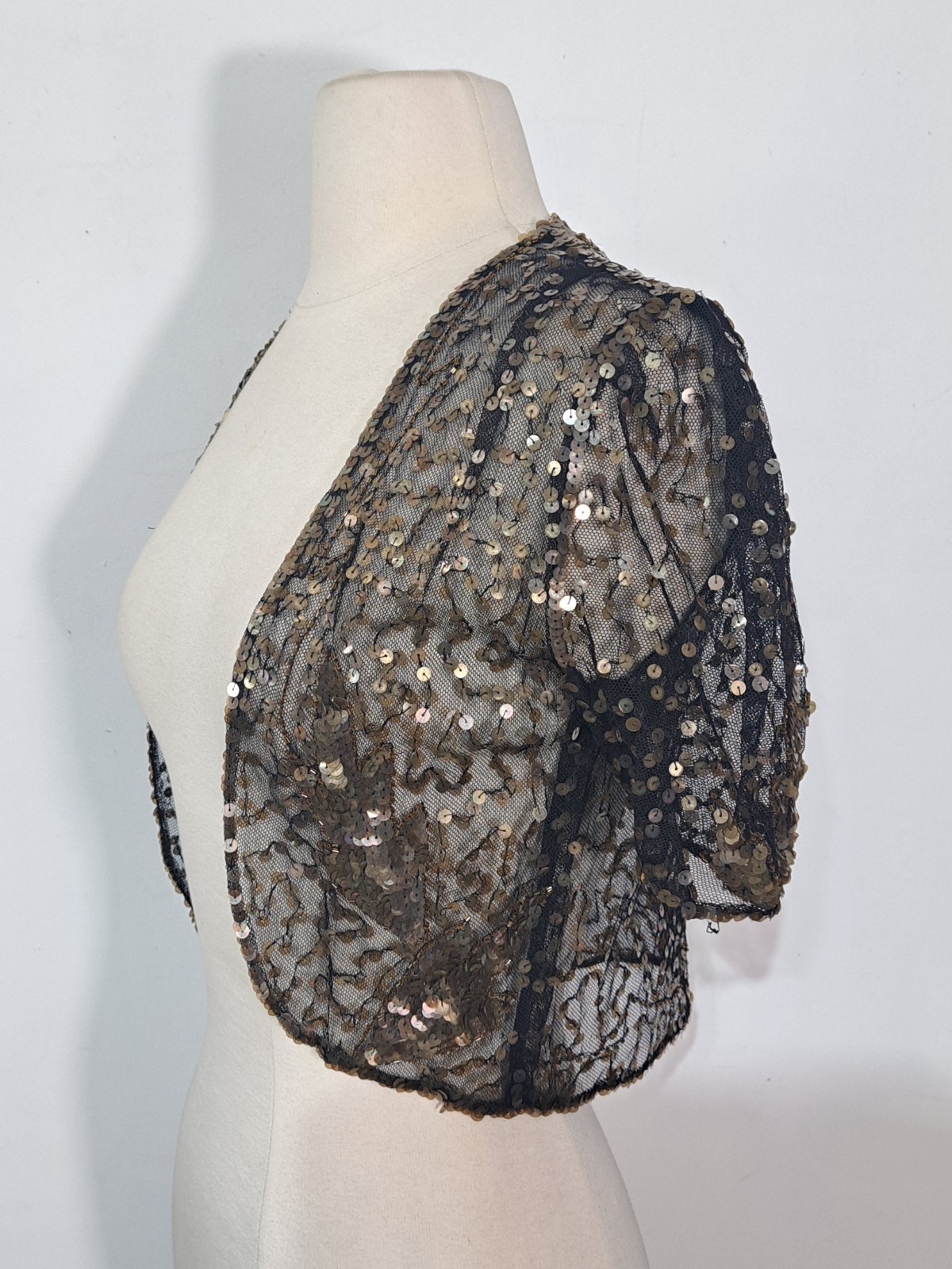 Vintage 1930s Black Mesh Sequin Bolero XXS/XS 30″ Gelatine Sequined Jacket
