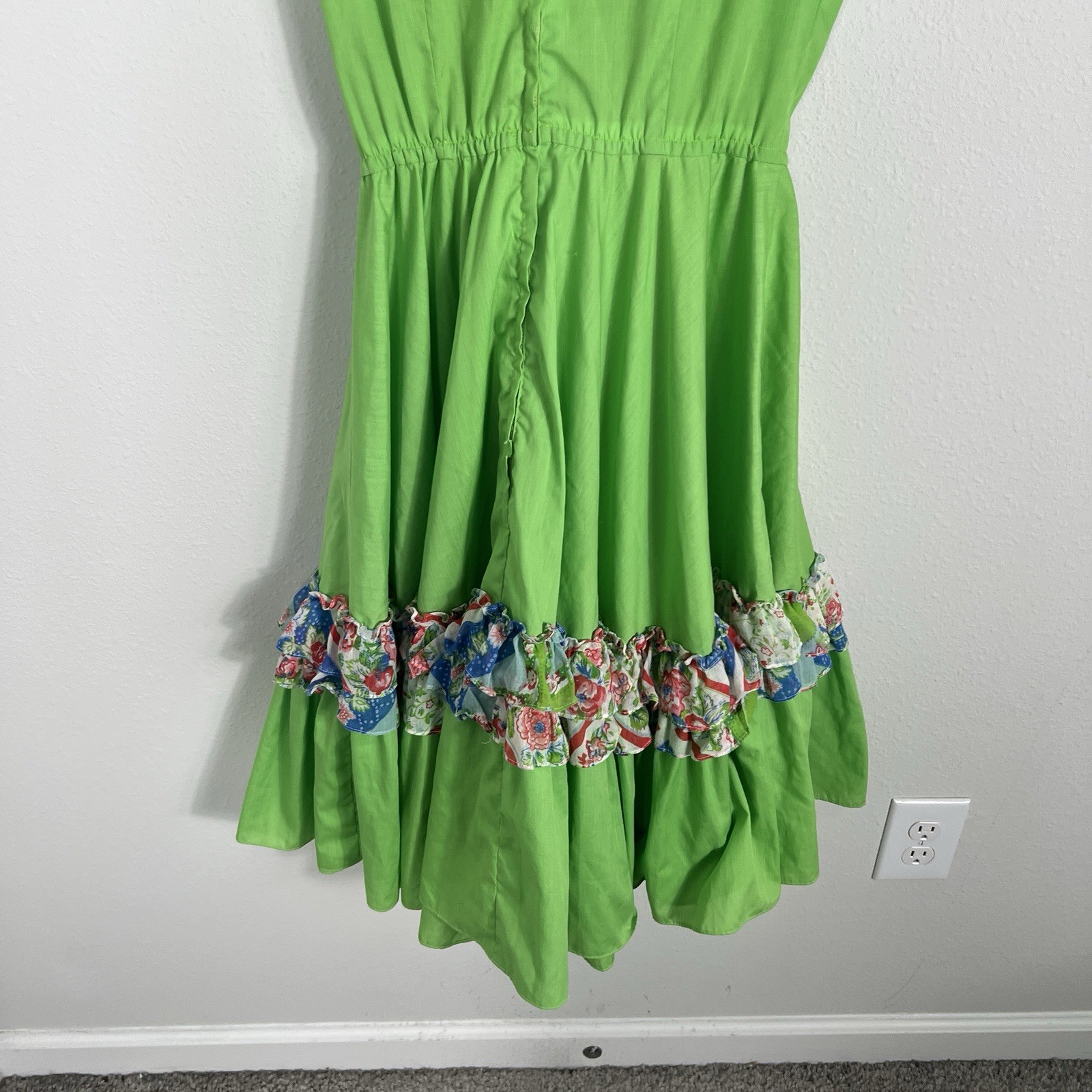 Vintage 70s Square Wear Square Dance Dress Green Floral Cottage Country Medium
