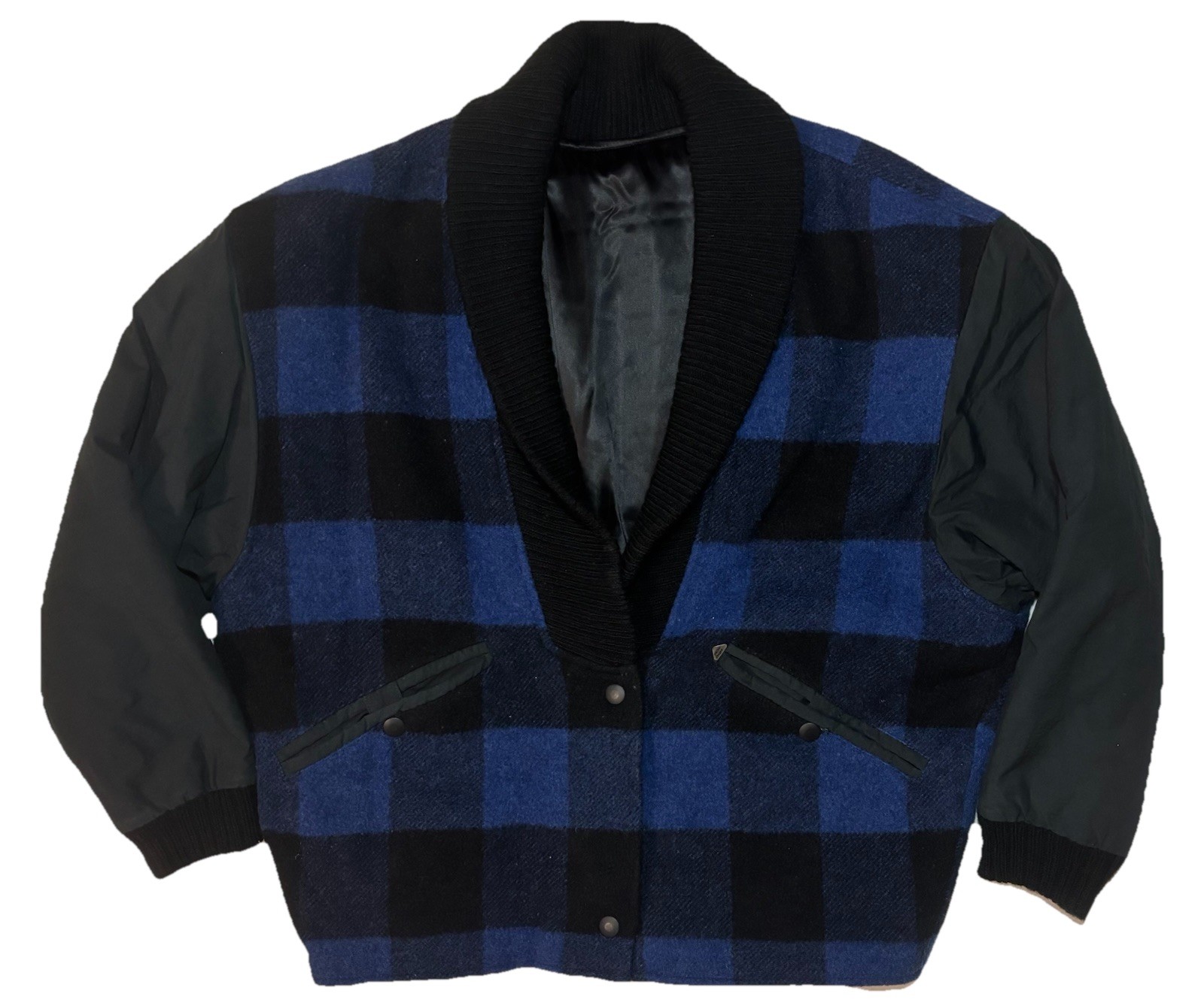 True Vintage 70s 80s Wool Blend Buffalo Check Shawl Collar Snap Jacket Women 42F