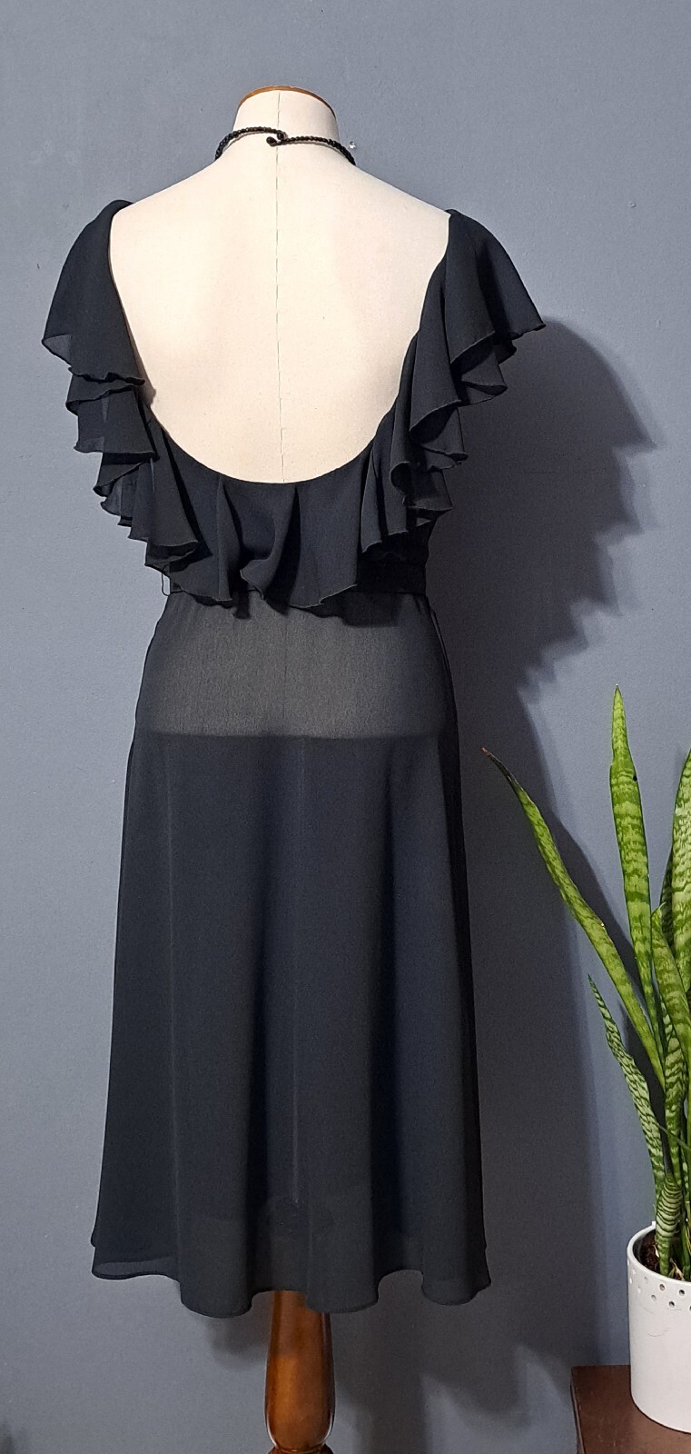Vintage 1970s Semi-sheer Black Flutter Dress Sz XS/S Surplice Backless